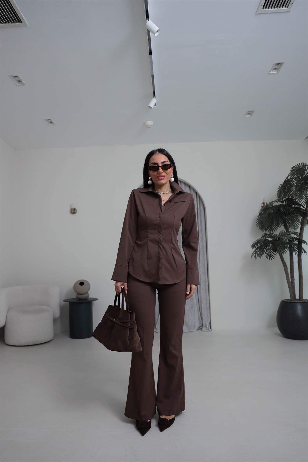 0830 Vatkalı ve Cep Detaylı Gömlek Pantolon Takım KAHVE