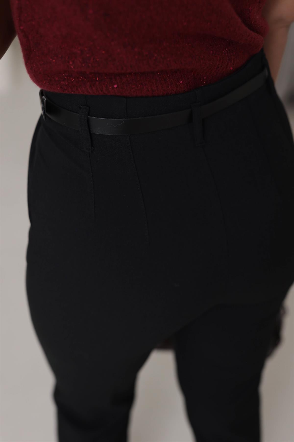 6546 Kemerli Kumaş Pantolon SİYAH