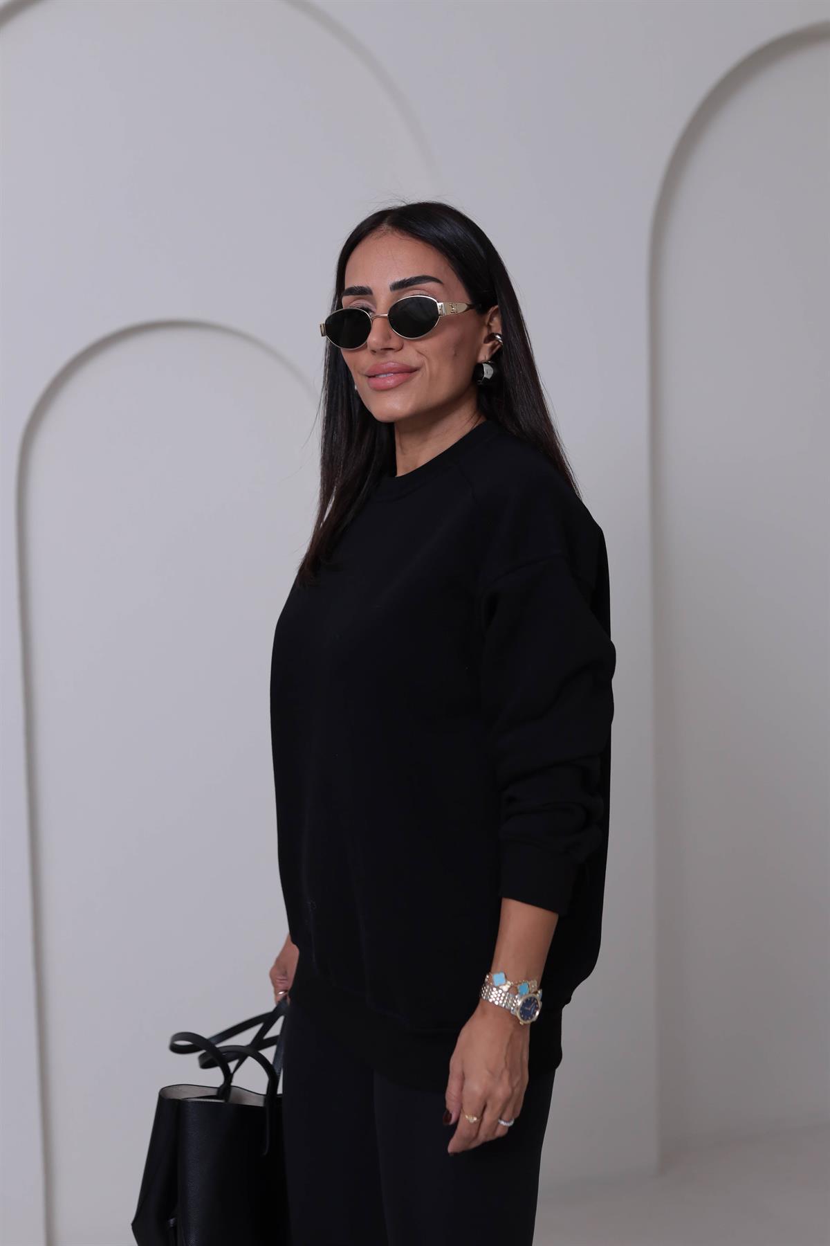 7912 Bisiklet Yaka Şardonlu Sweatshirt SİYAH