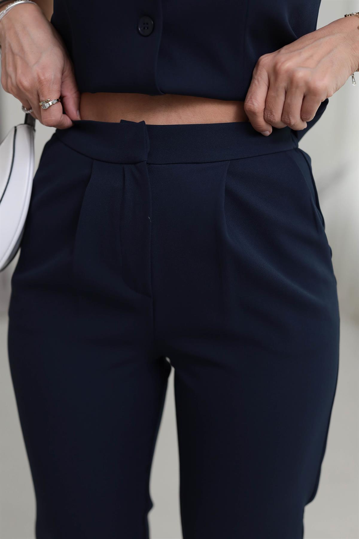 1154 Pensli Bel Lastikli Havuç Pantolon LACİVERT