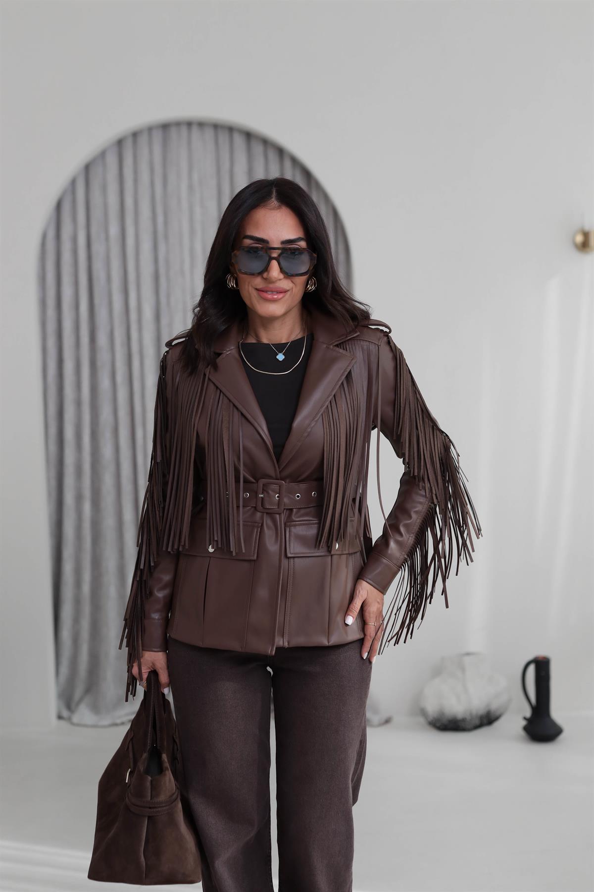 7650 Püsküllü Kemerli Deri Ceket KAHVE