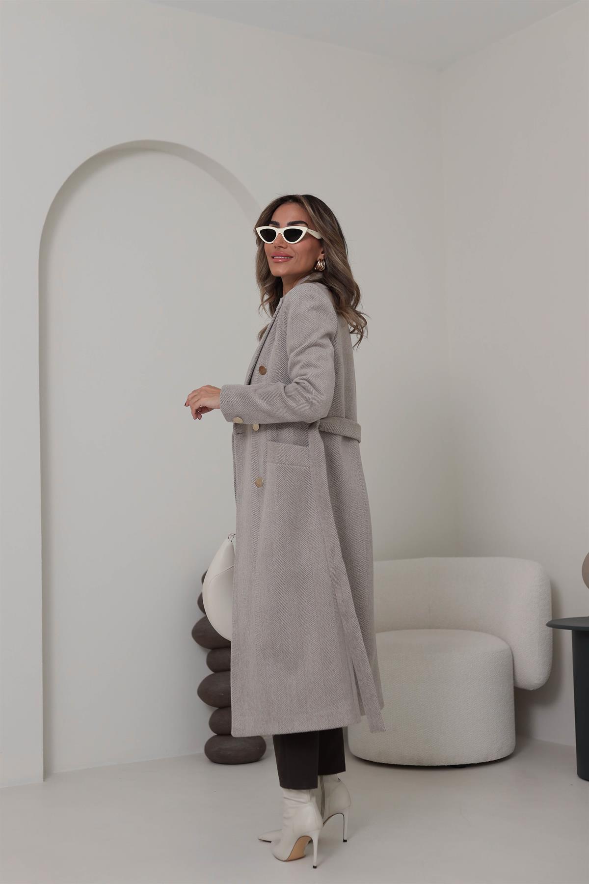 9931 Gold Düğmeli Balıksırtı Desen Kaşe Kaban