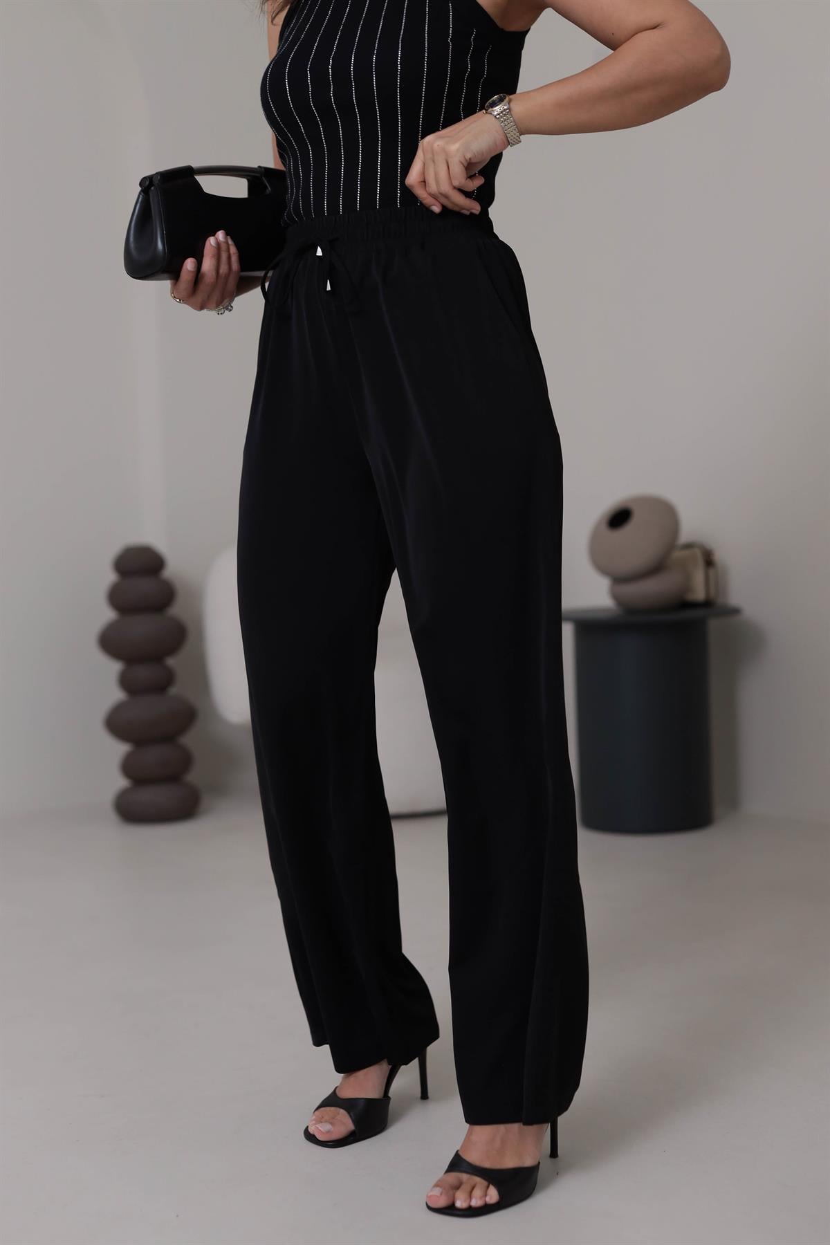 0858 Bel Lastikli Döküm Palazzo Pantolon SİYAH