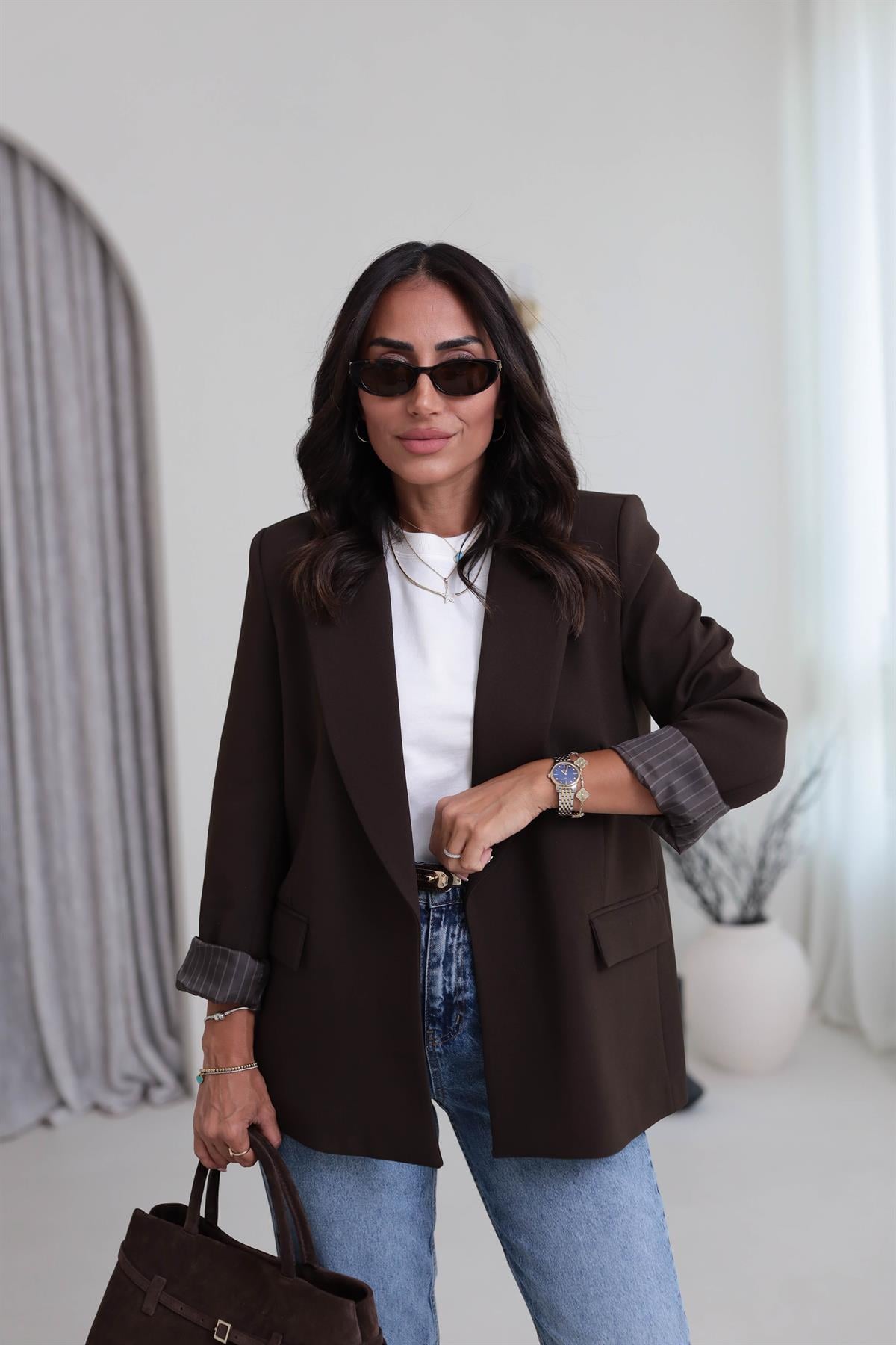 7560 Kol Katlamalı Cep Detaylı Astarlı Ceket ACI KAHVE