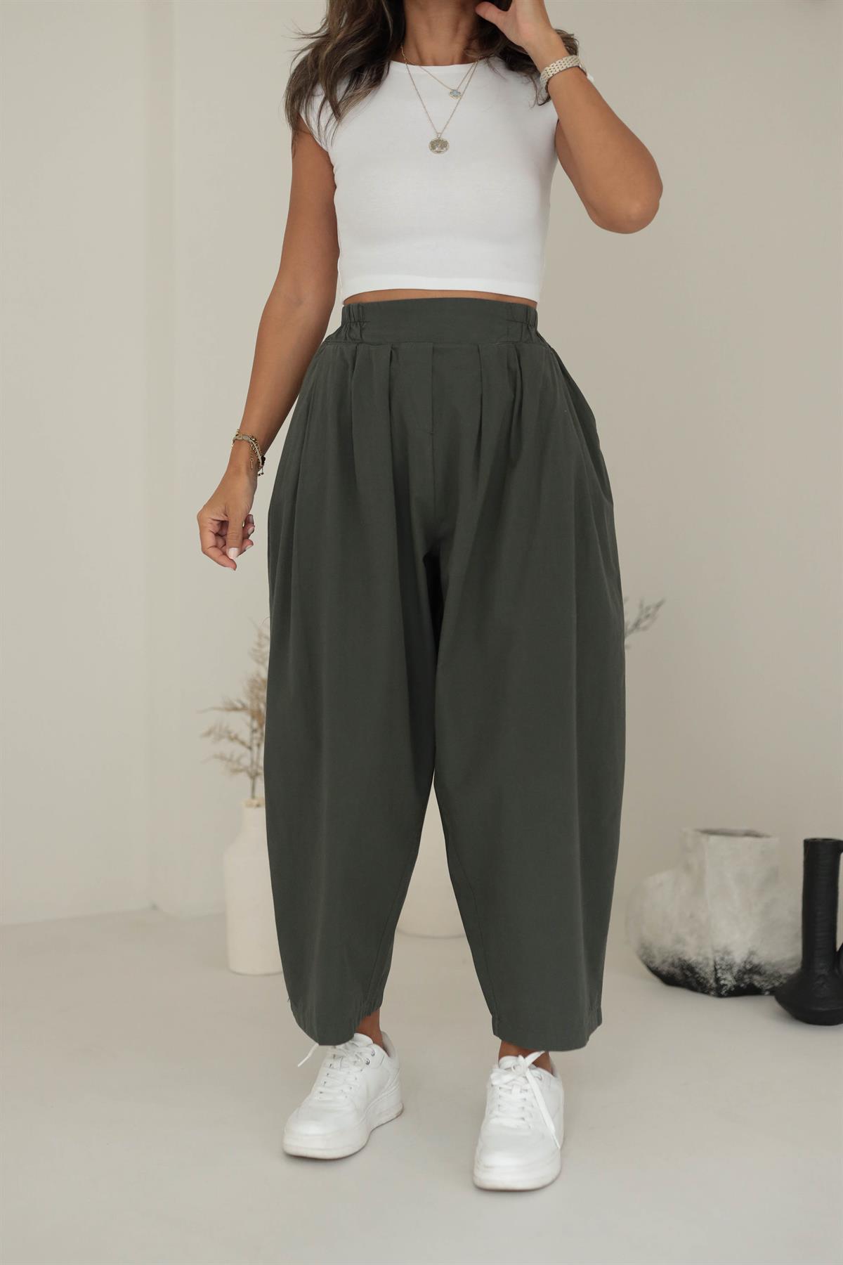 1518 Önden Pileli Salaş Pantalon HAKİ YEŞİL