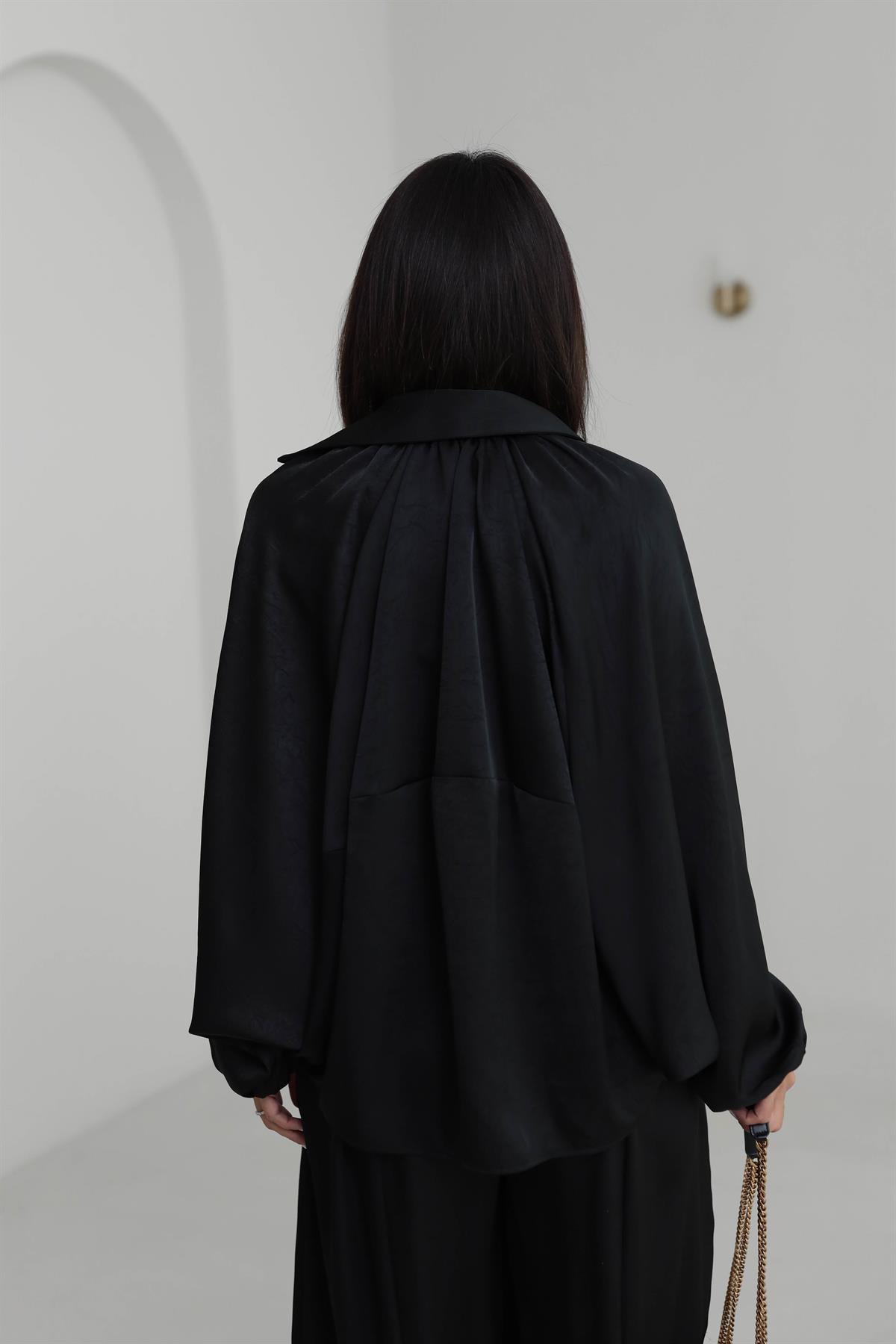 9584 Kendinden Desenli Saten Bomber Ceket SİYAH