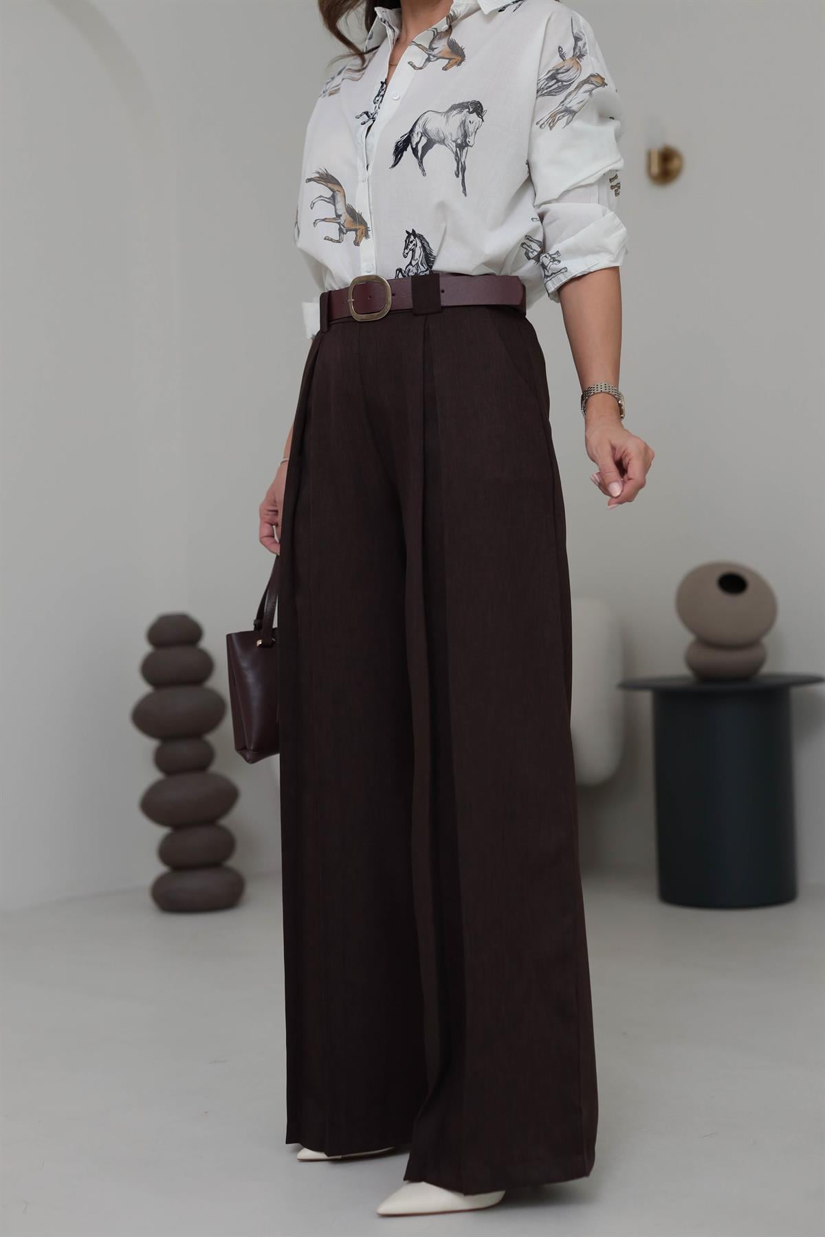 2569 Arka Bel Lastikli Kemerli Palazzo Pantolon ACI KAHVE