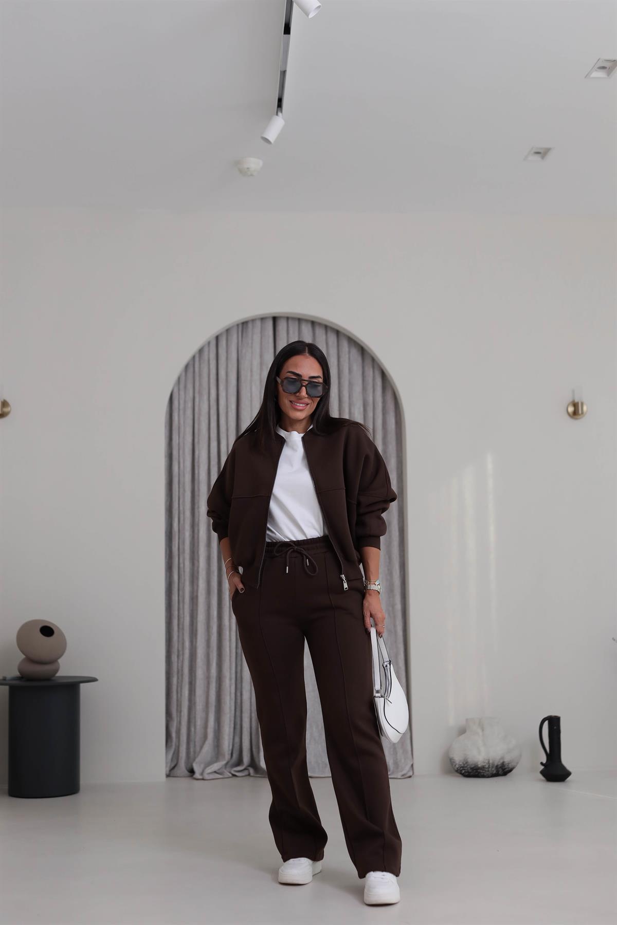 7085 Viral Bomber Ceketli 3 İplik Şardonlu Takım ACI KAHVE