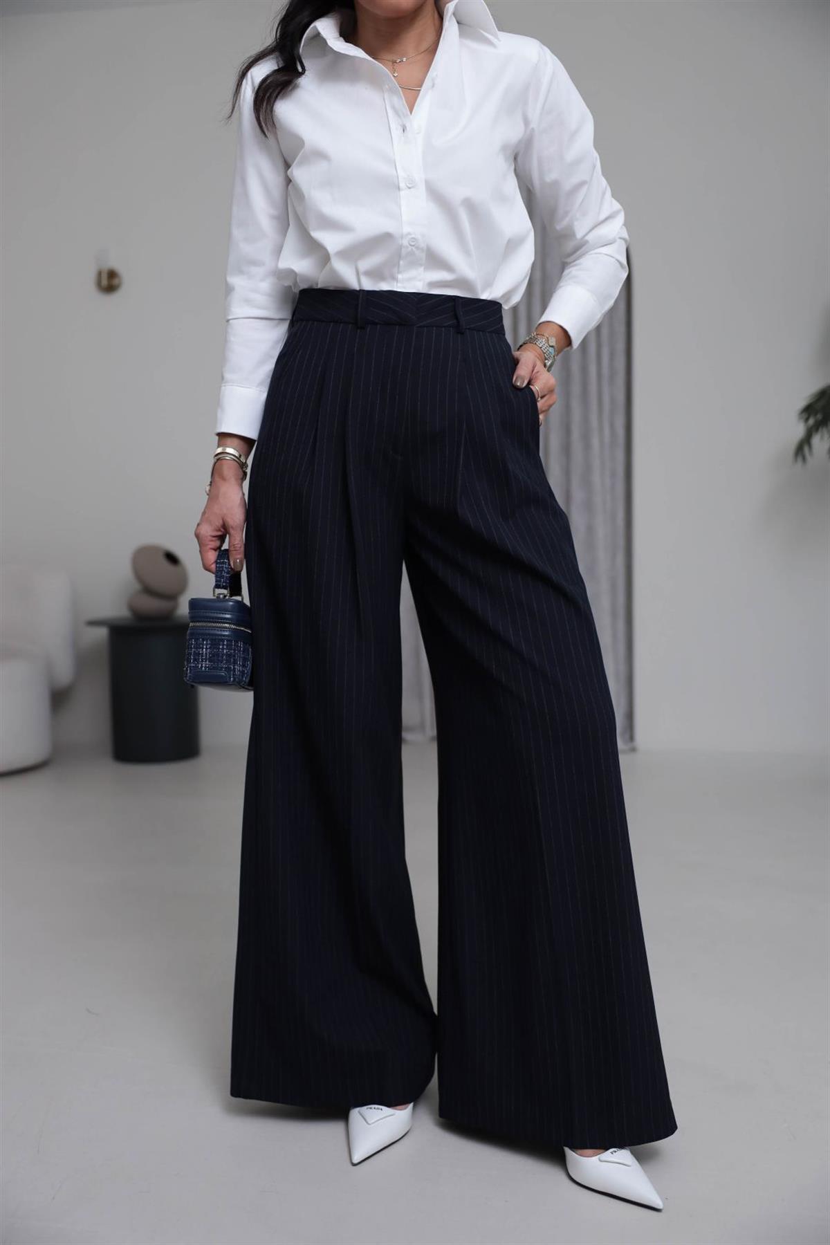 7363 Çizgili Geniş Paça Kumaş Pantolon LACİVERT