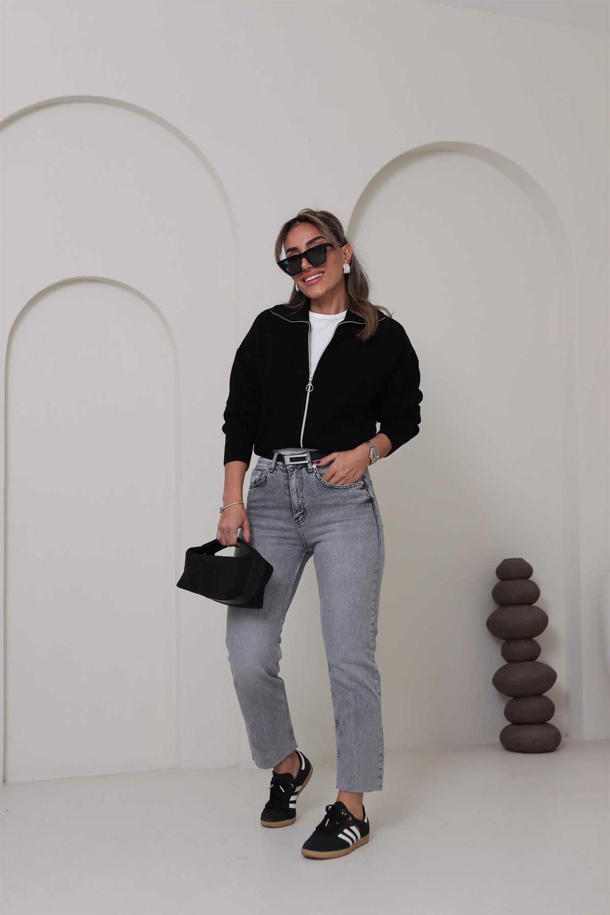 1054 Fermuarlı Yakalı Hırka SİYAH