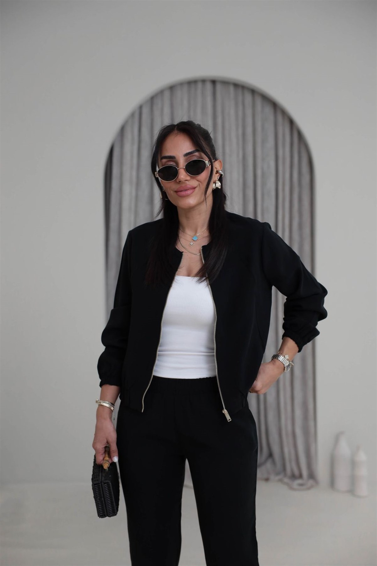 7132 Fermuarlı Tok Tencel Ceket Pantolon Takım SİYAH