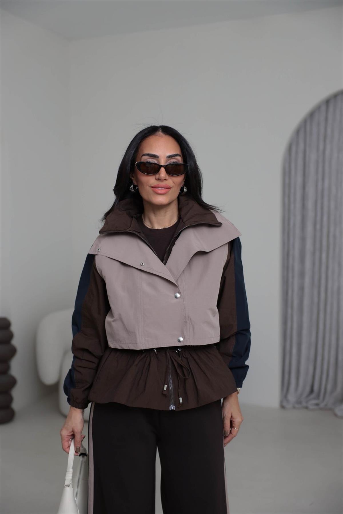 7063 Dik Yaka Çıtçıtlı Paraşüt Kumaş Eşofman Takımı KAHVE