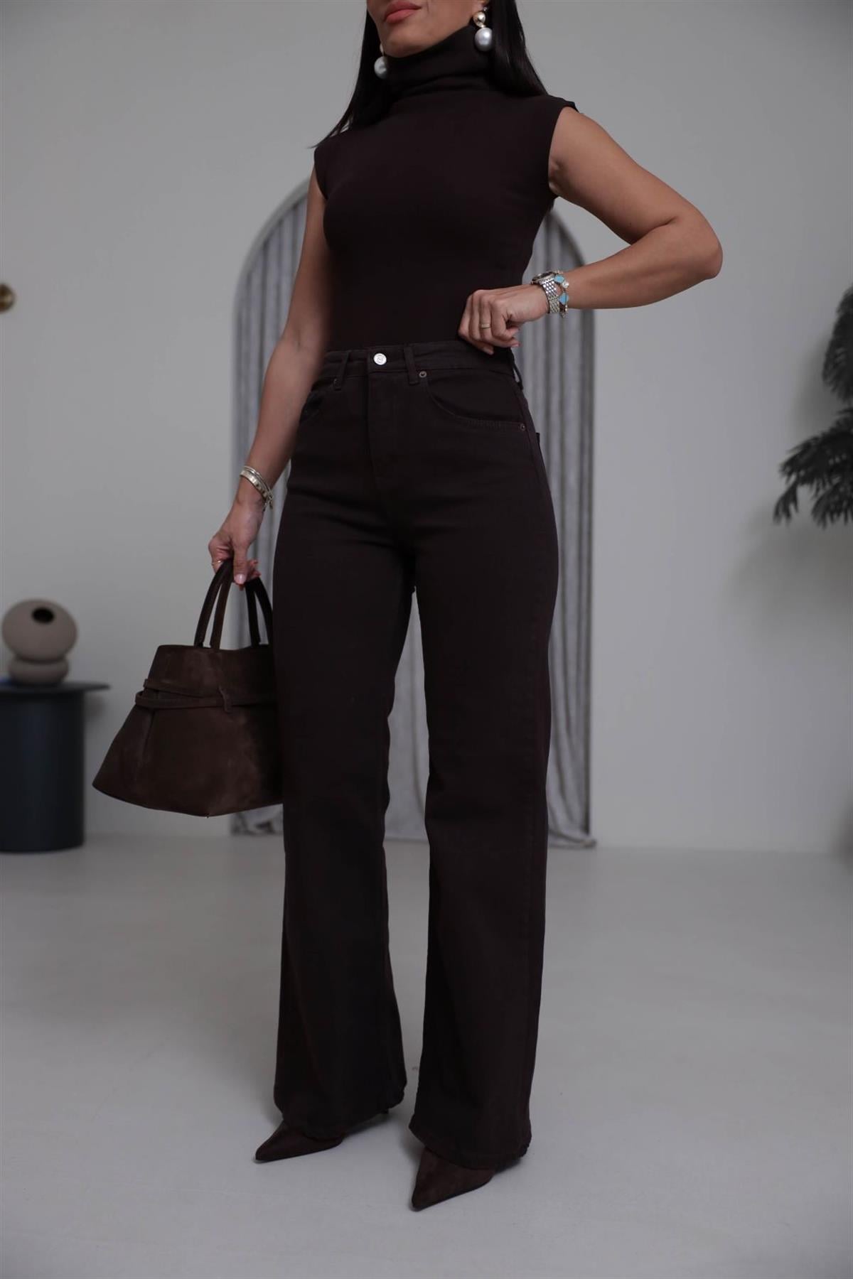 Yüksek Bel Wide Leg Jean ACI KAHVE