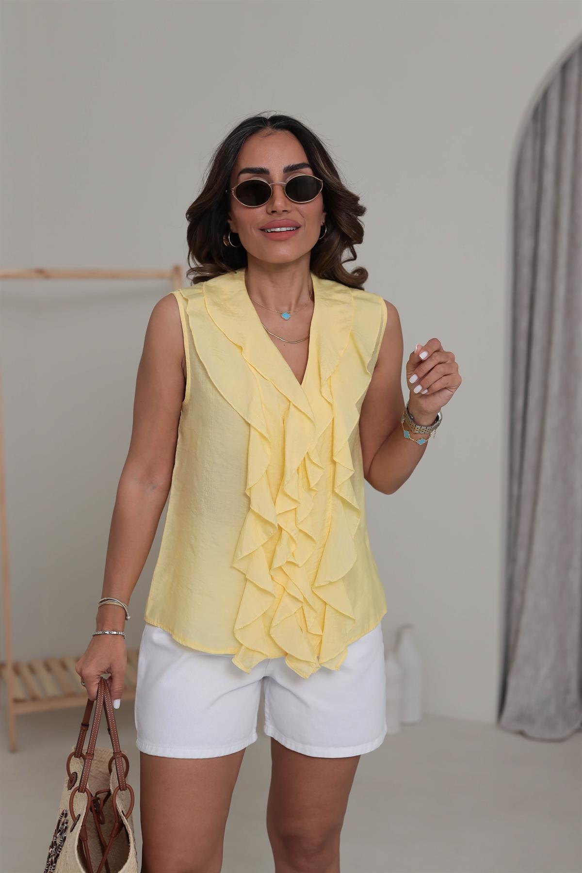 0072 Sıfır Kol Fırfır Detaylı Gömlek SARI