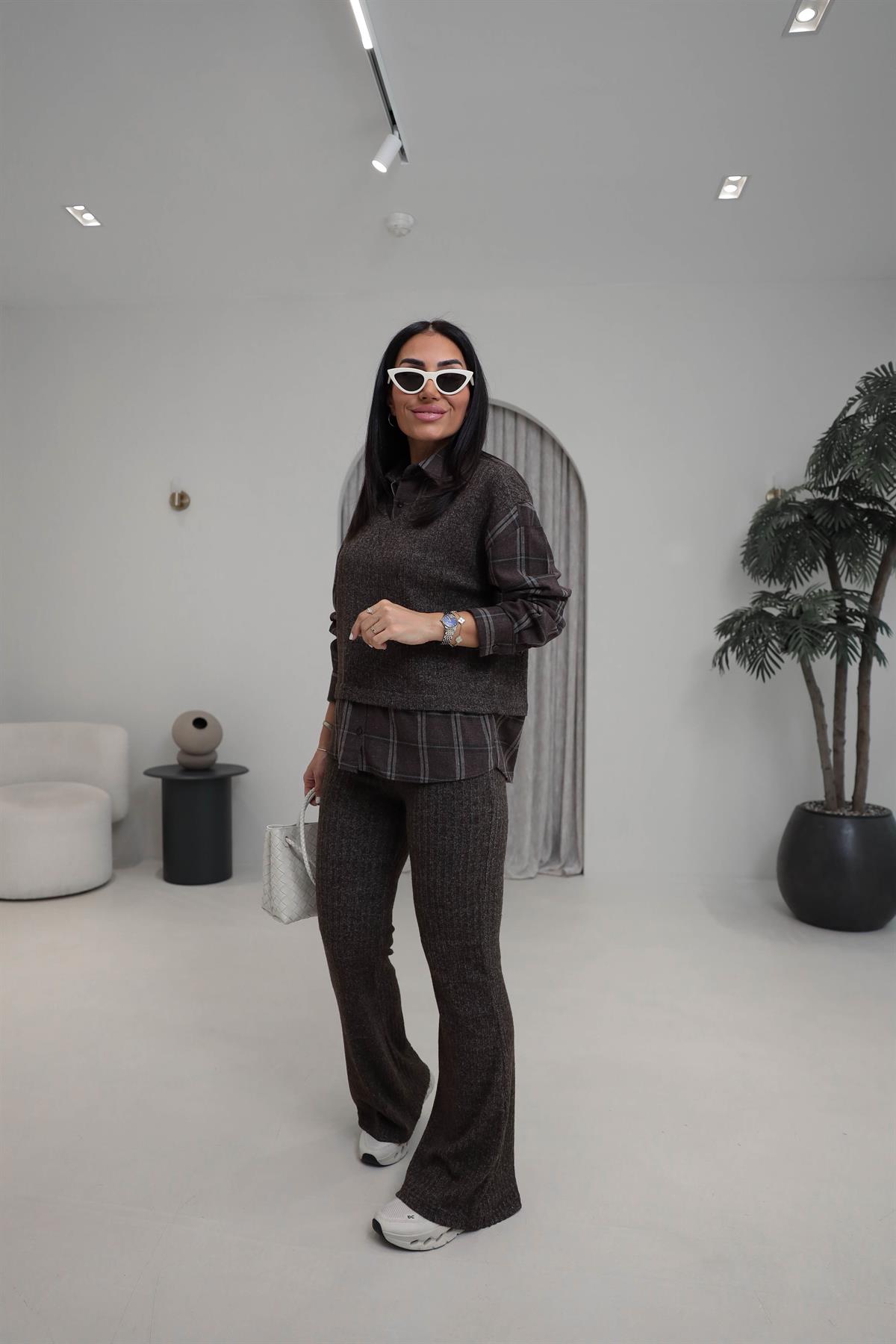 6596 Ekose Gömlek Detay Triko Takım KAHVE