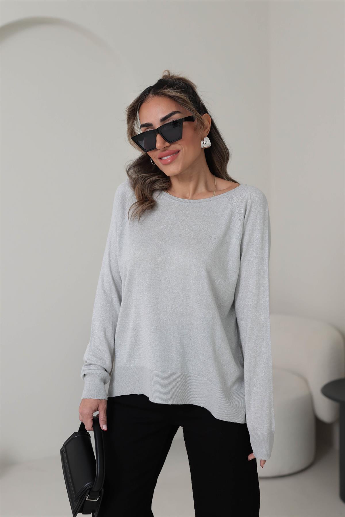 0557 Bisiklet Yaka Simli Basic İnce Triko AÇIK GRİ