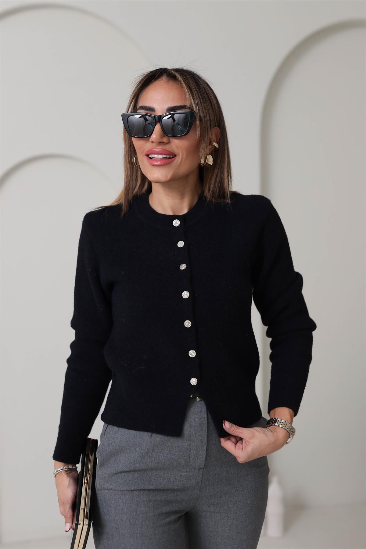 2436 Bisiklet Yaka Taş Düğmeli Yumoş Hırka SİYAH