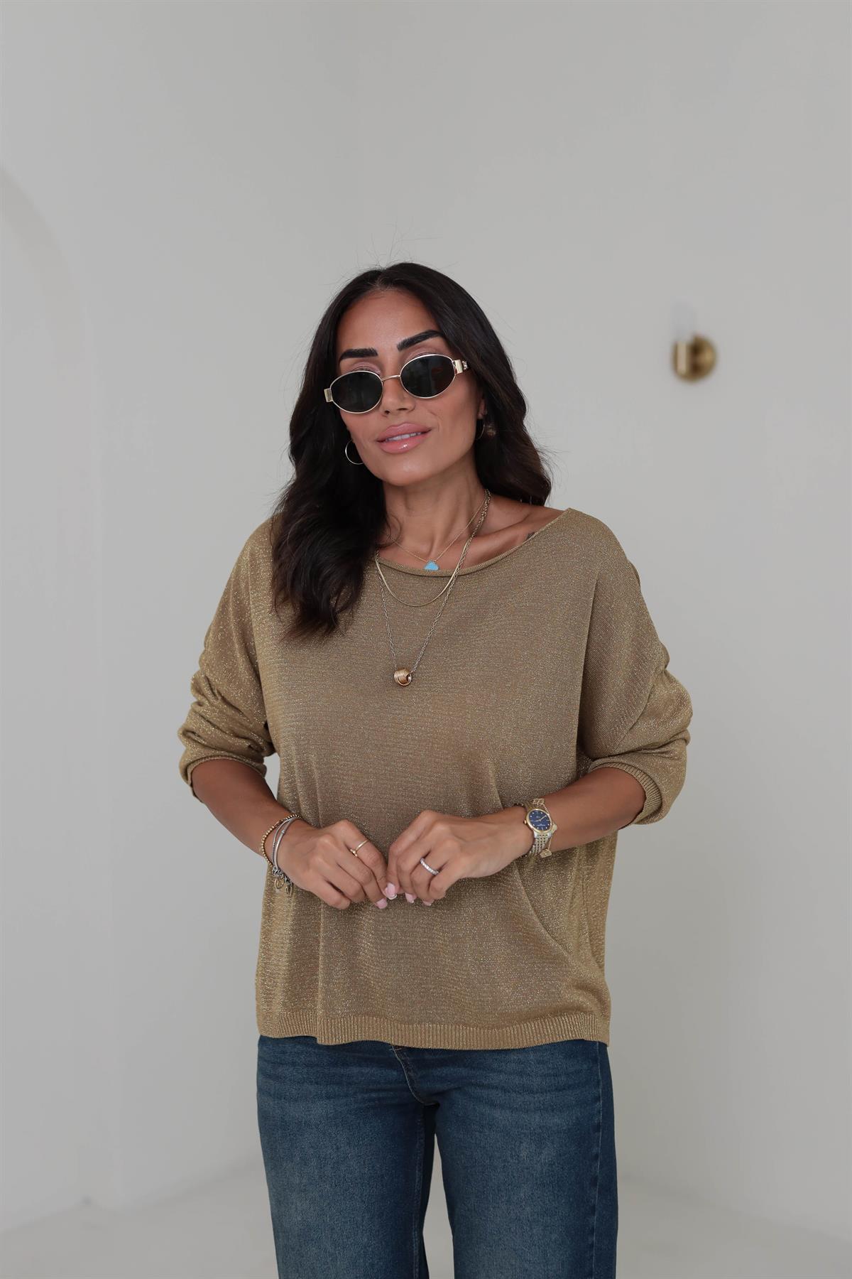 1092 Kayık Yaka Simli Triko Bluz GOLD