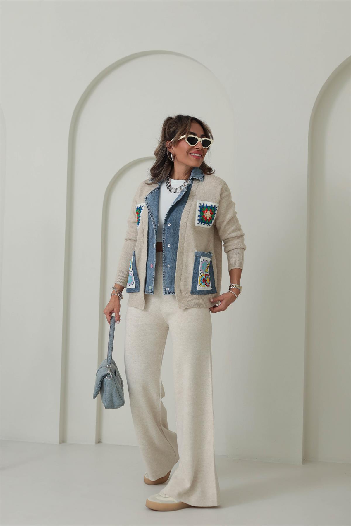 4616 Kot Mixli Nakış İşlemeli Triko Hırka