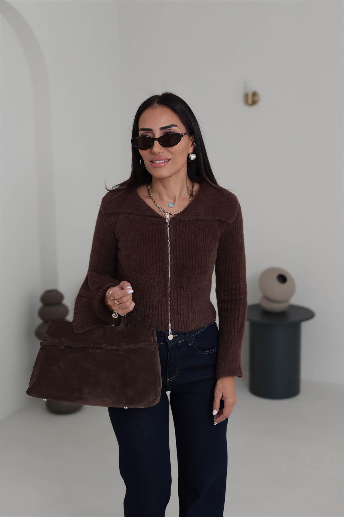 4952 Çift Fermuarlı Kol Yırtmaçlı Triko Hırka Bluz KAHVE