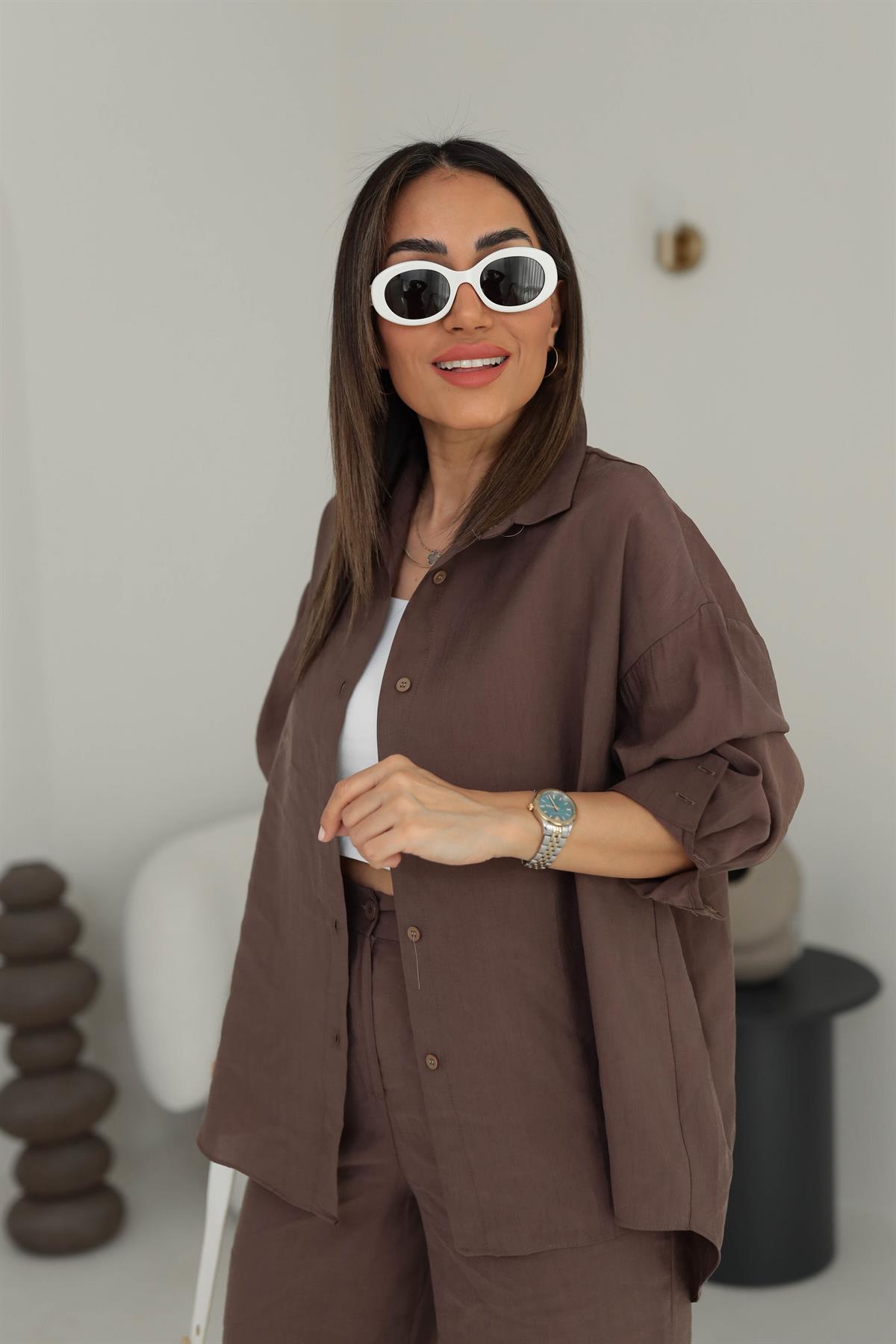 8557 Tencel Kumaş Gömlekli Takım KAHVE