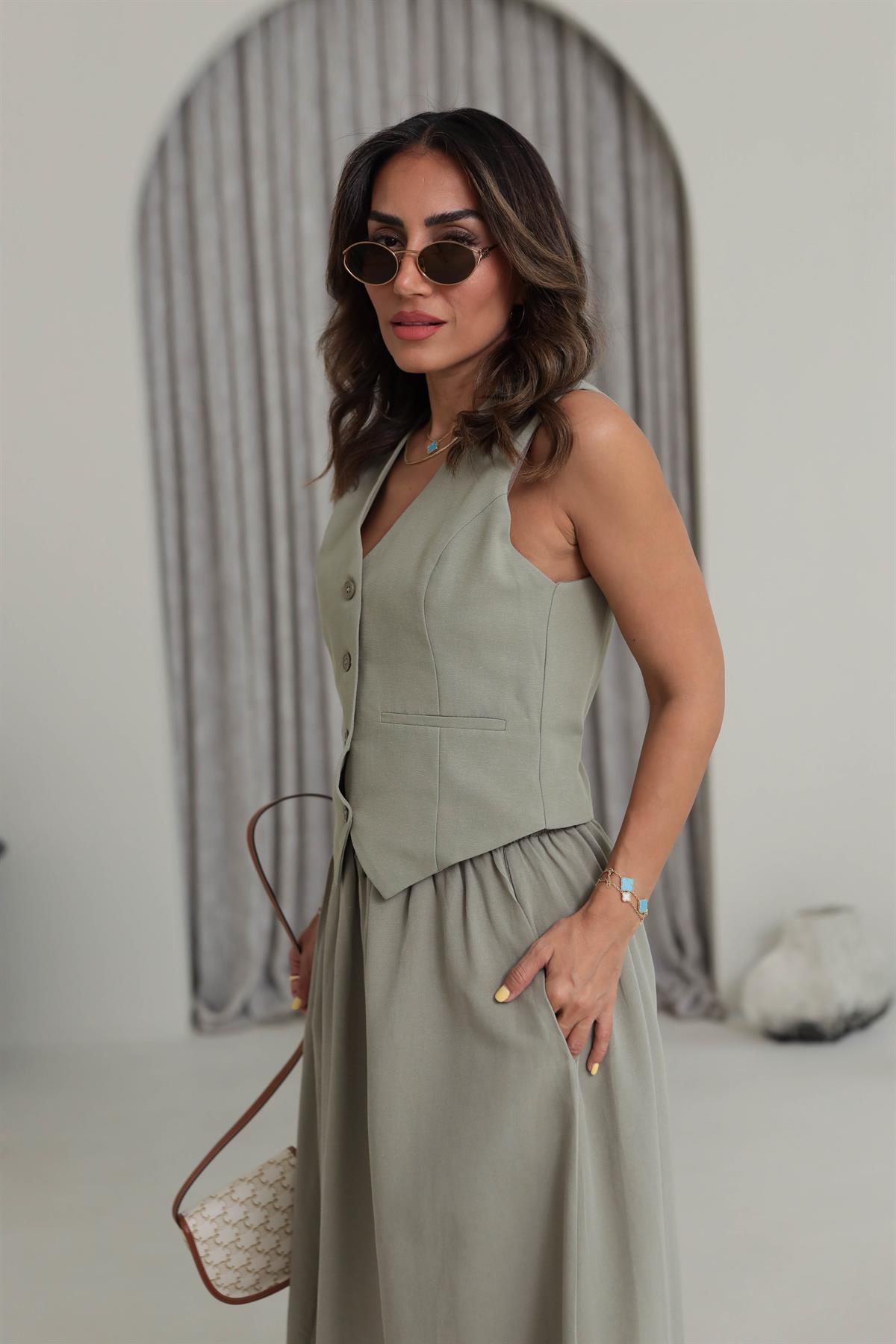 1144 Arka Toka Detay Terni Yelek HAKİ YEŞİL