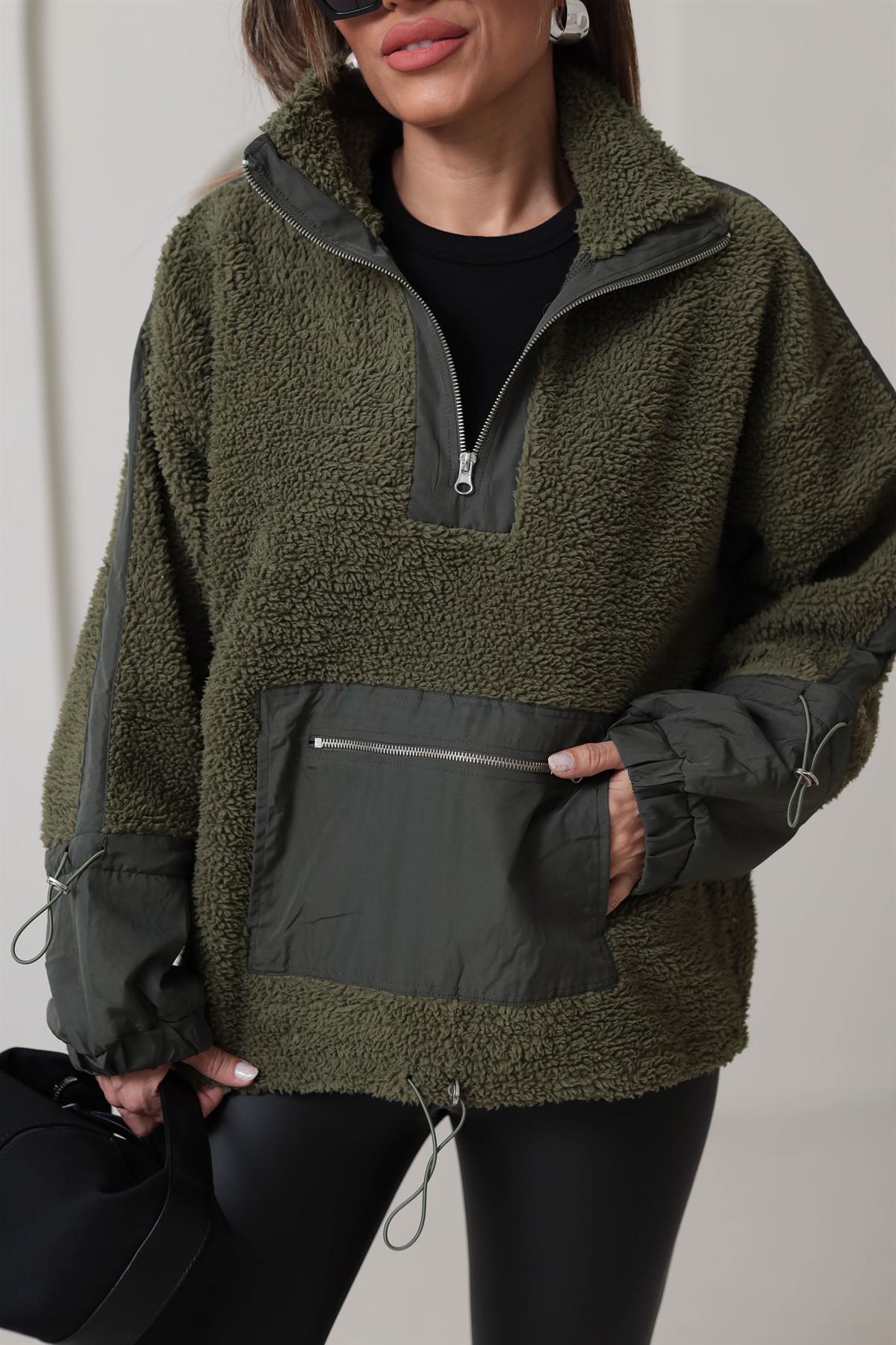 Yarım Fermuarlı Paraşüt Kumaş Detaylı Sweatshirt HAKİ YEŞİL