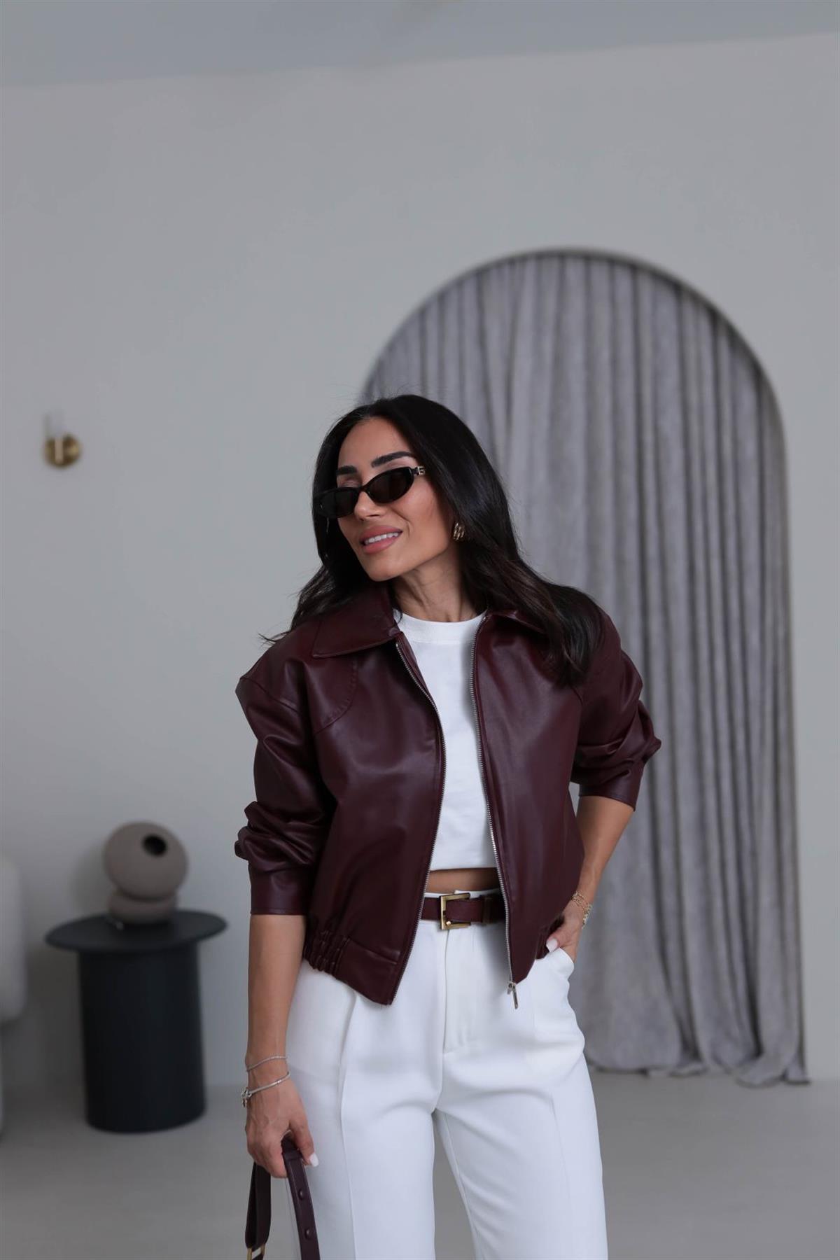 3128 Bel Lastikliı Suni Deri Bomber Ceket BORDO