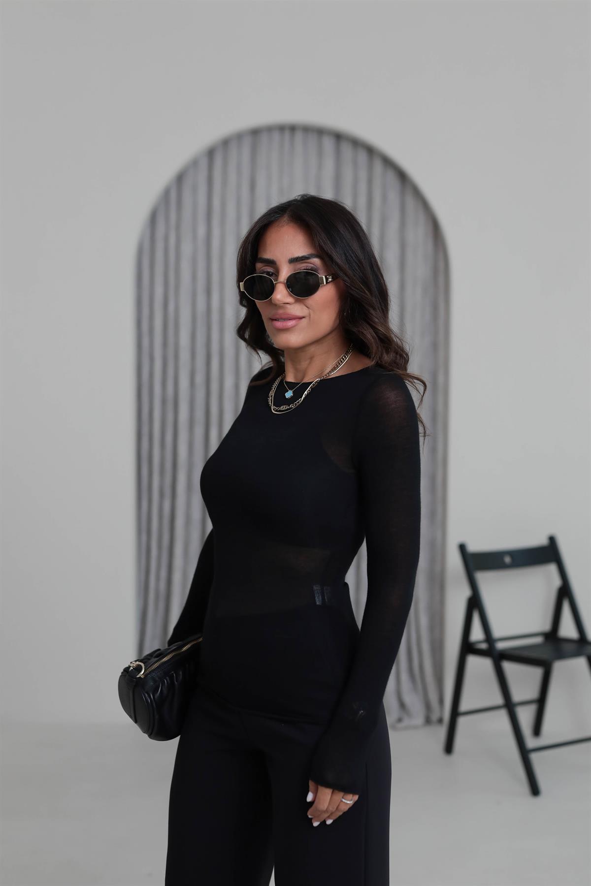 6641 Geniş Yaka Yumuşak Dokulu Bluz SİYAH