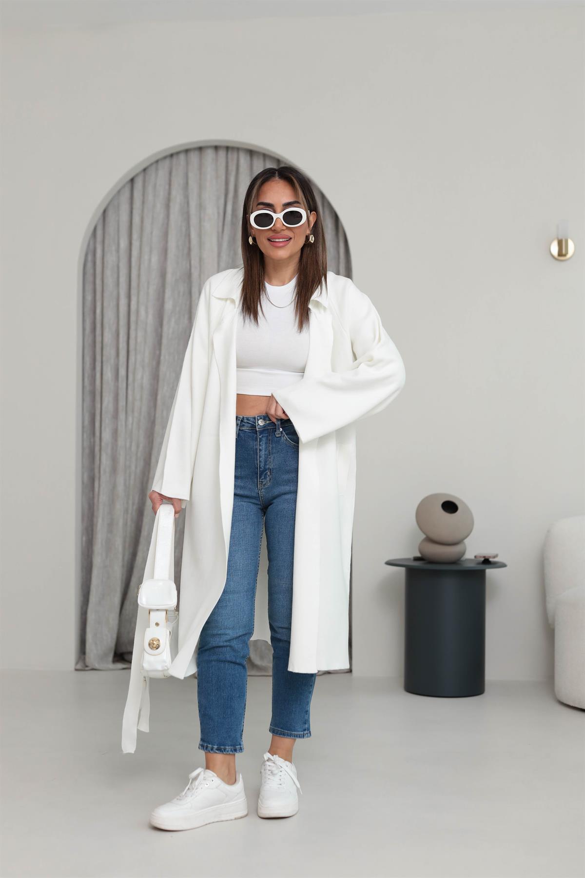 4064 Polo Yaka Triko Kemer Detaylı Hırka EKRU