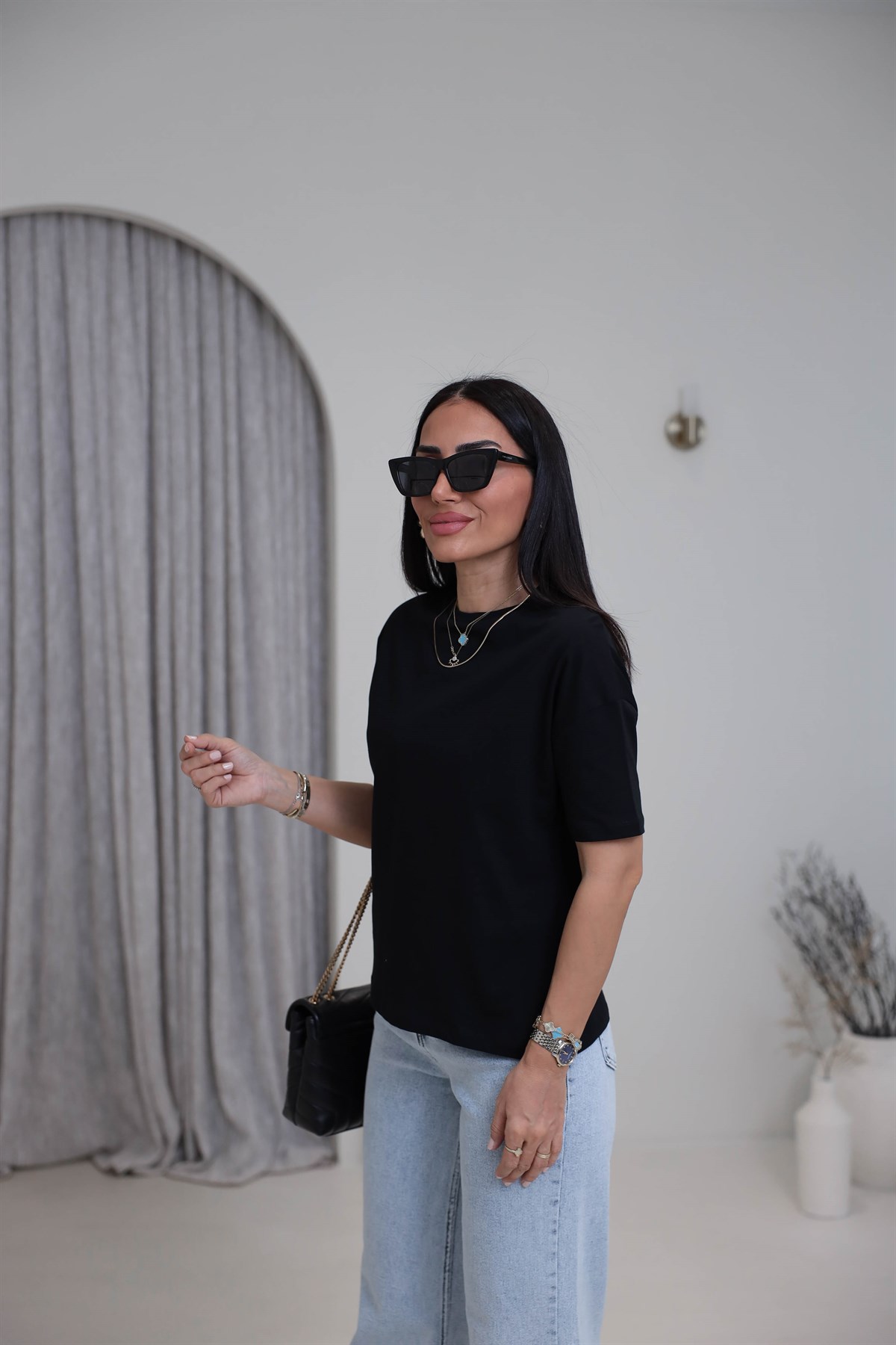 3683Y Bisiklet Yaka Pamuklu Basic Tshirt SİYAH