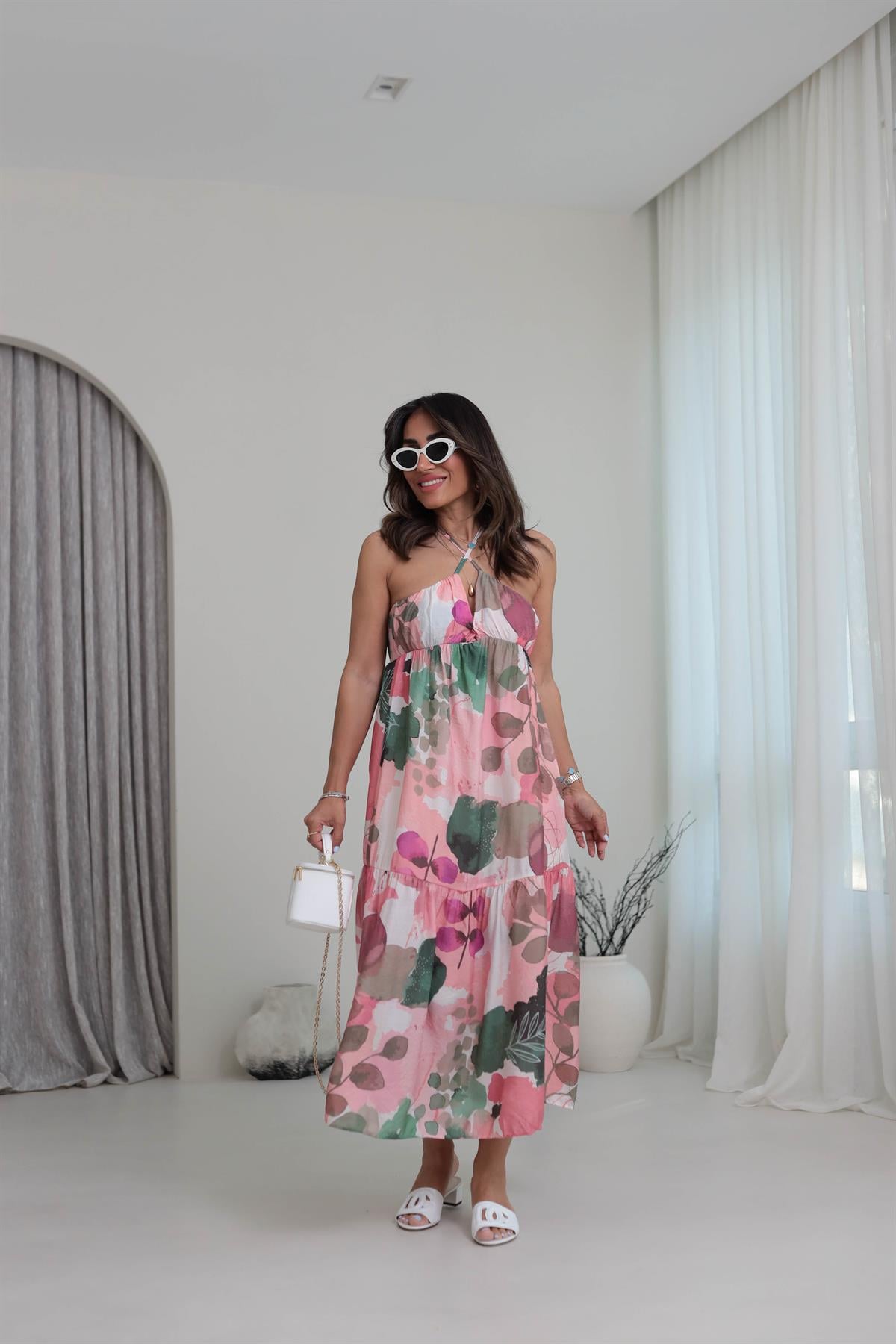 3771 Boyundan Bağlamalı Midi Elbise PEMBE