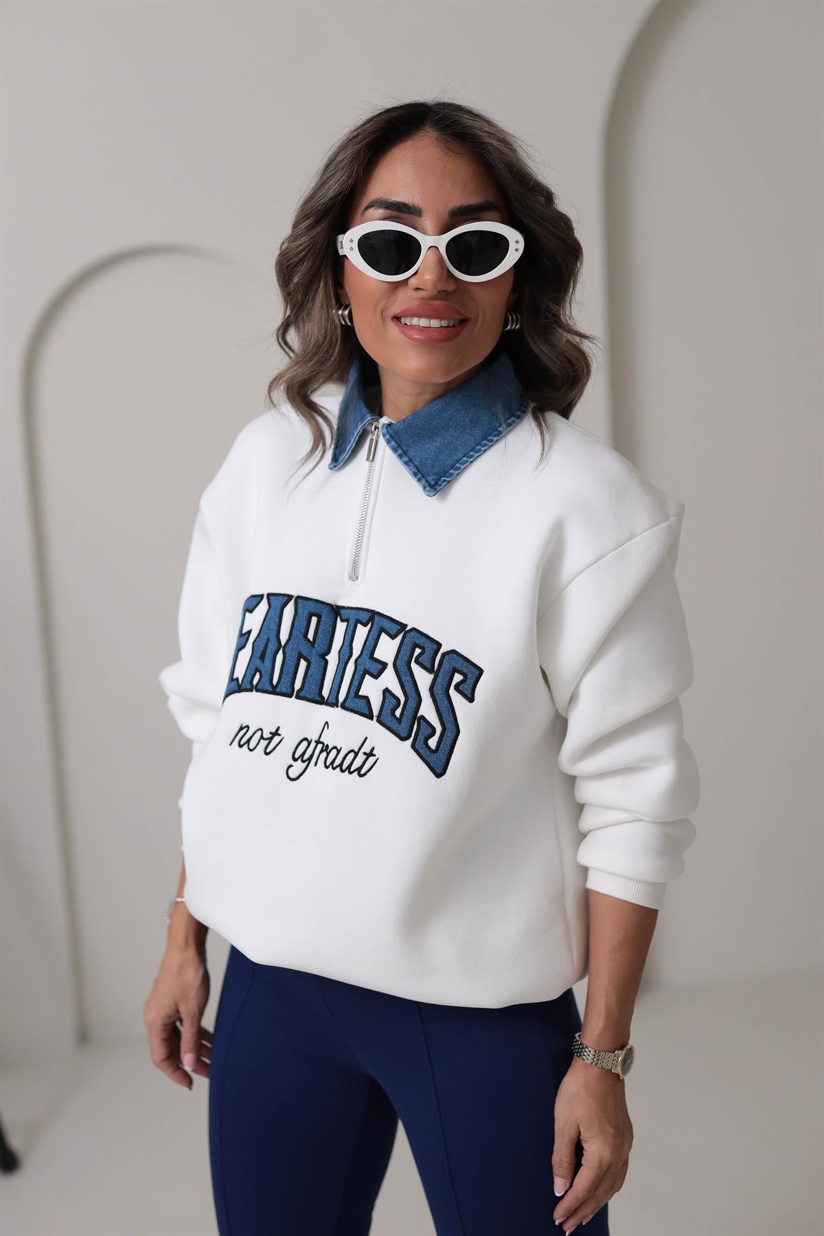 8660 Denim Mix Yaka Fermuarlı Şardonlu Sweatshirt EKRU