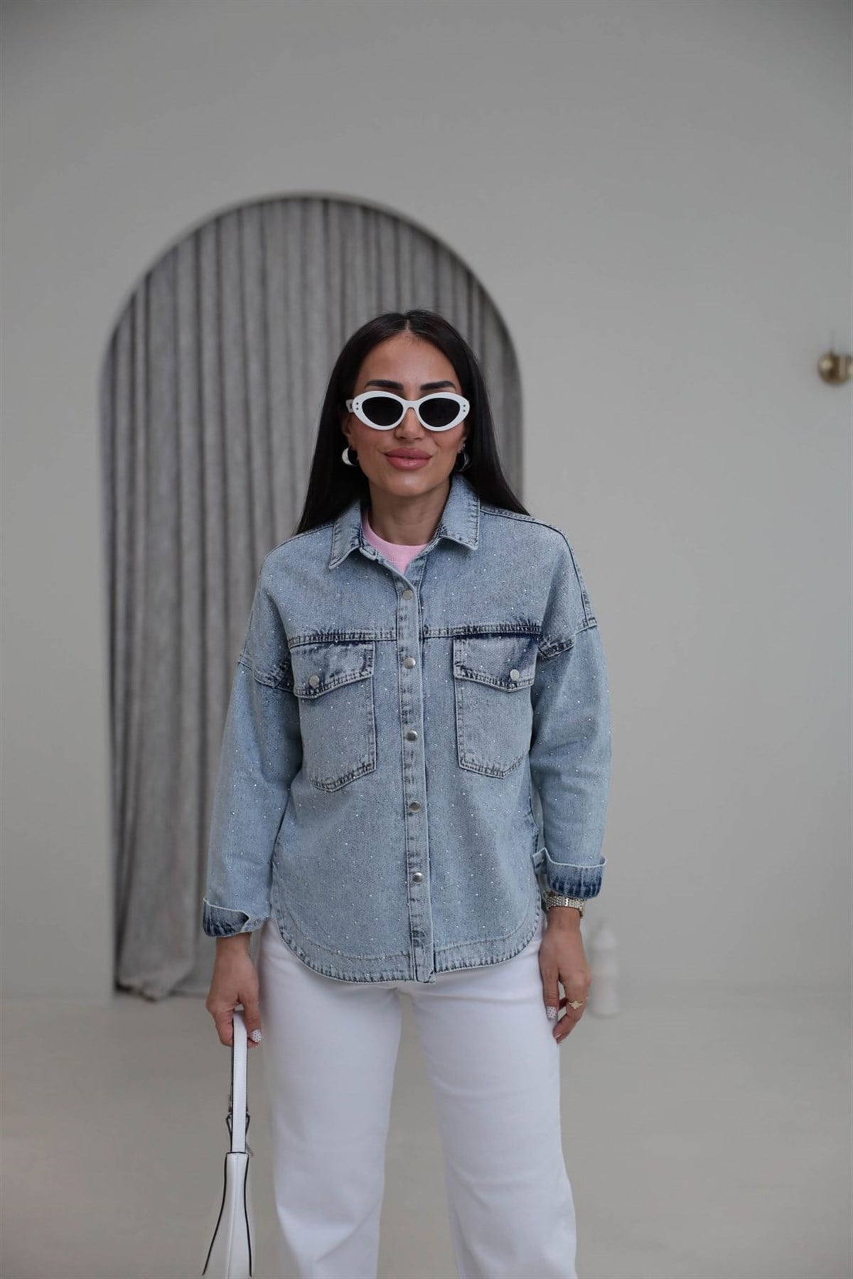 3406 Yıkamalı Serpme Taşlı Gömlek Ceket AÇIK MAVİ