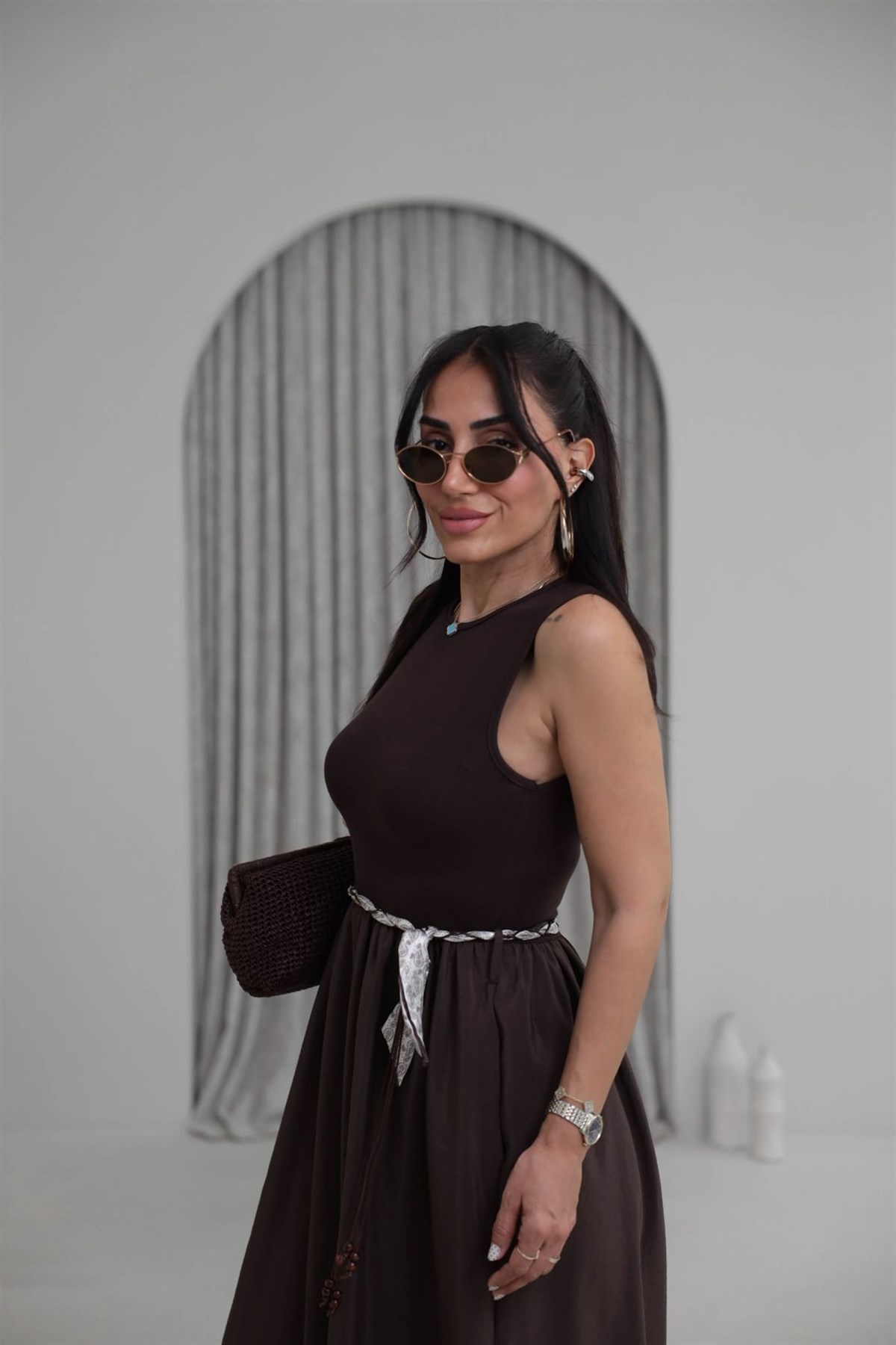 1801 Paraşüt Detaylı Kemerli Elbise KAHVE