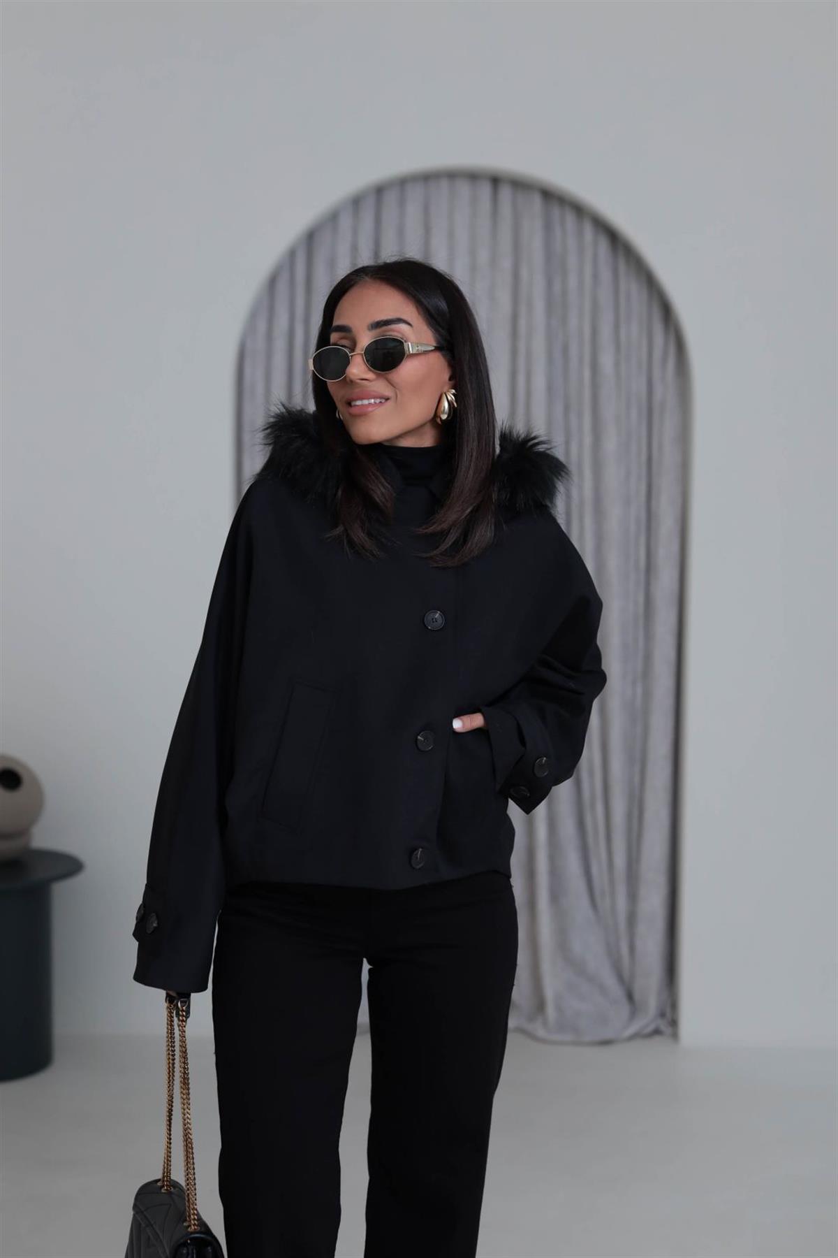 6856 Kürk Kapşonlu Parka SİYAH