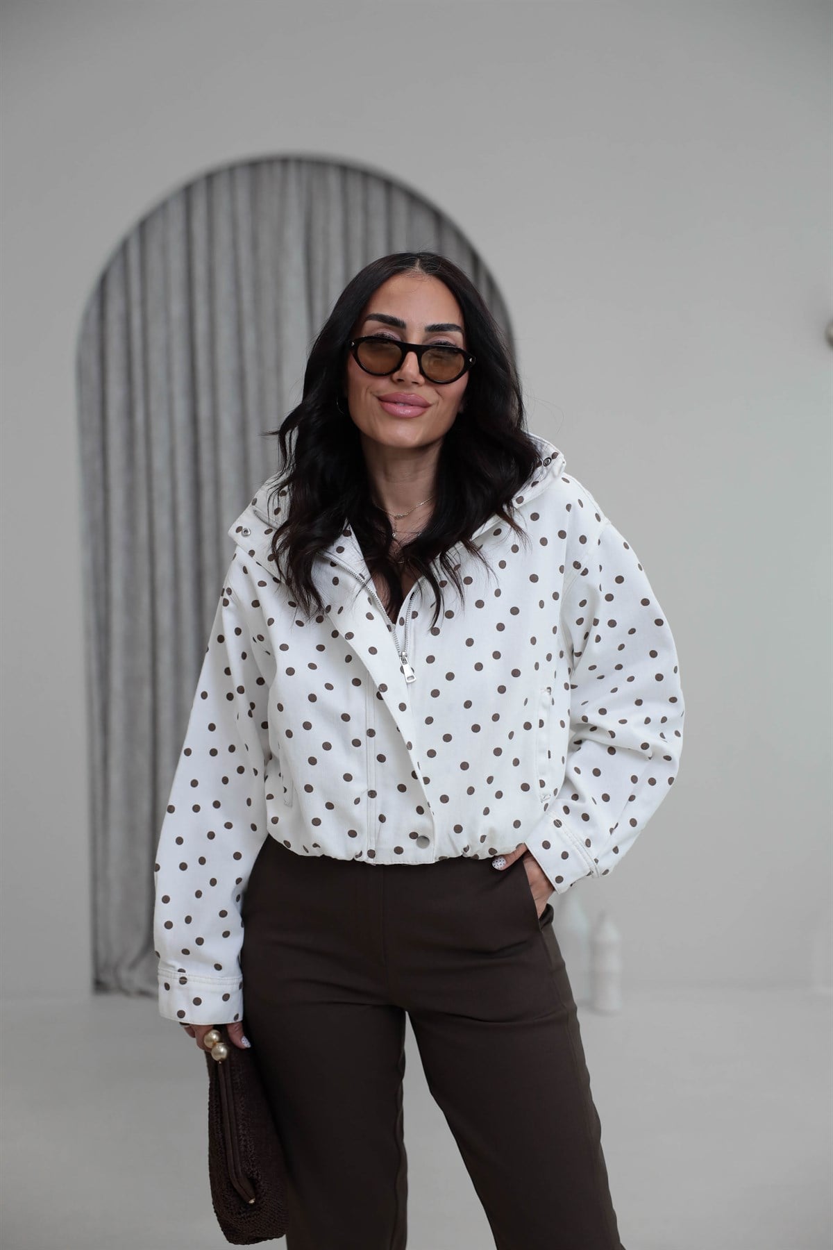 0967 Puantiyeli Önden Fermuarlı Bomber Ceket KAHVE