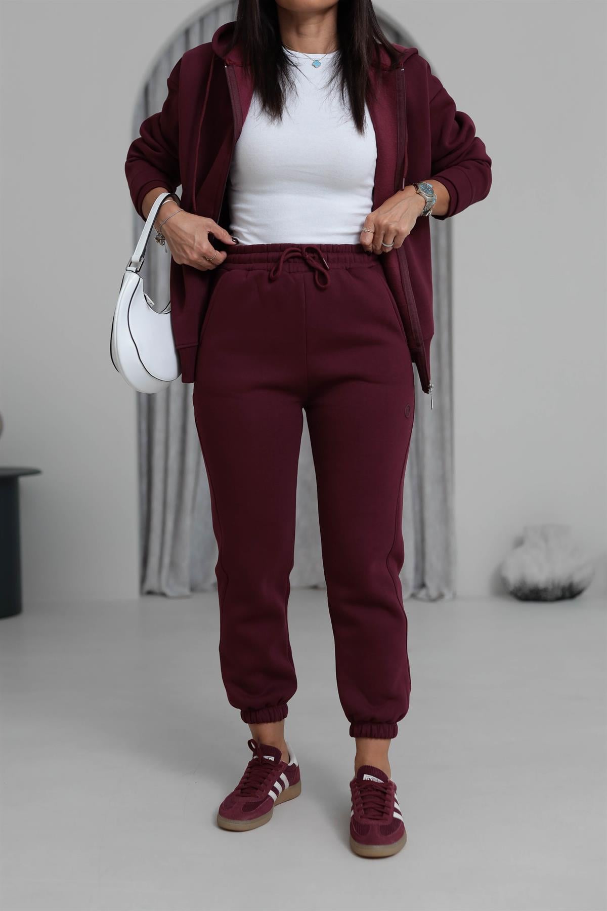 7314 Ribanalı Bel Lastikli 3 iplik Şardonlu Eşofman Altı BORDO