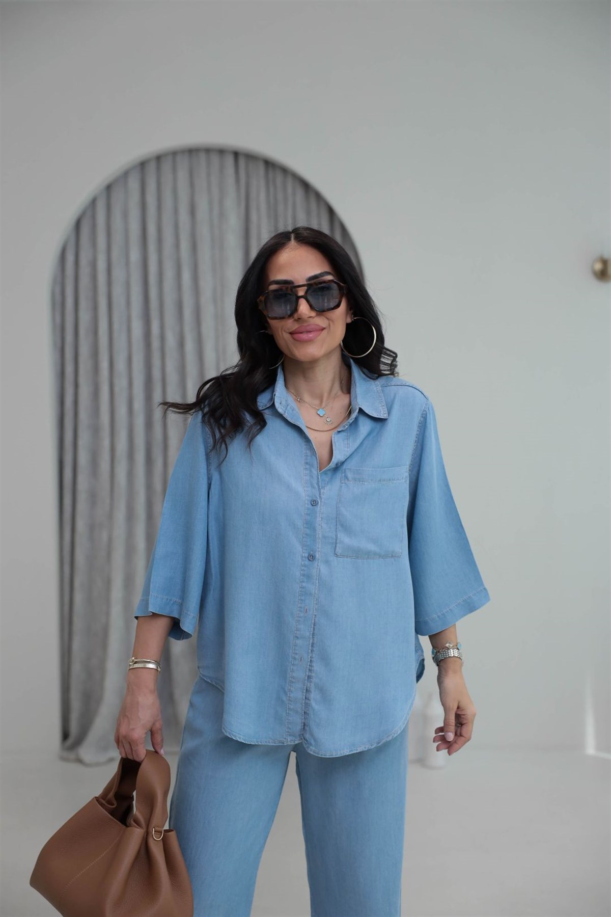 0926 Tencel Kumaş Gömlek ve Pantolon Takım AÇIK MAVİ