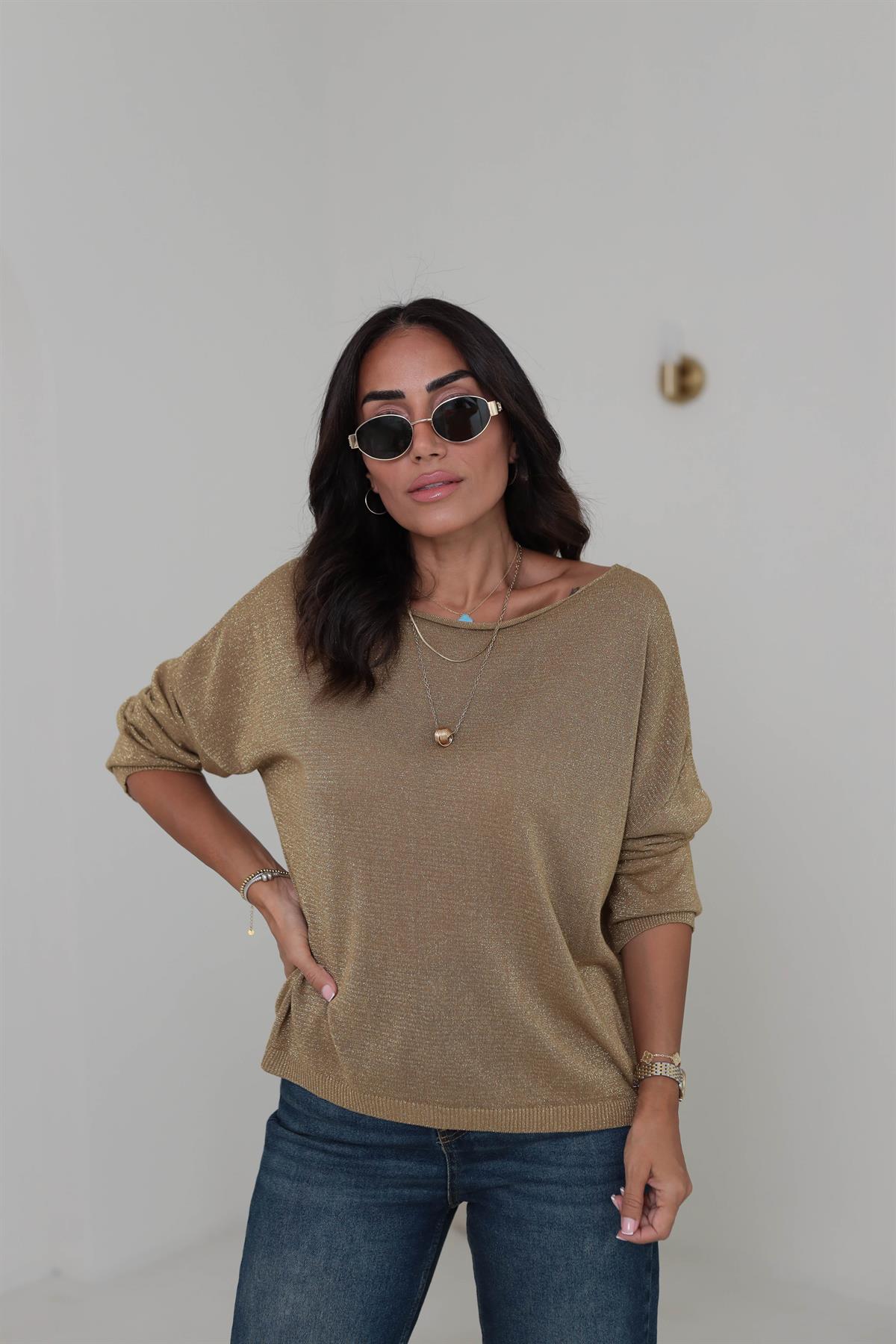 1092 Kayık Yaka Simli Triko Bluz GOLD