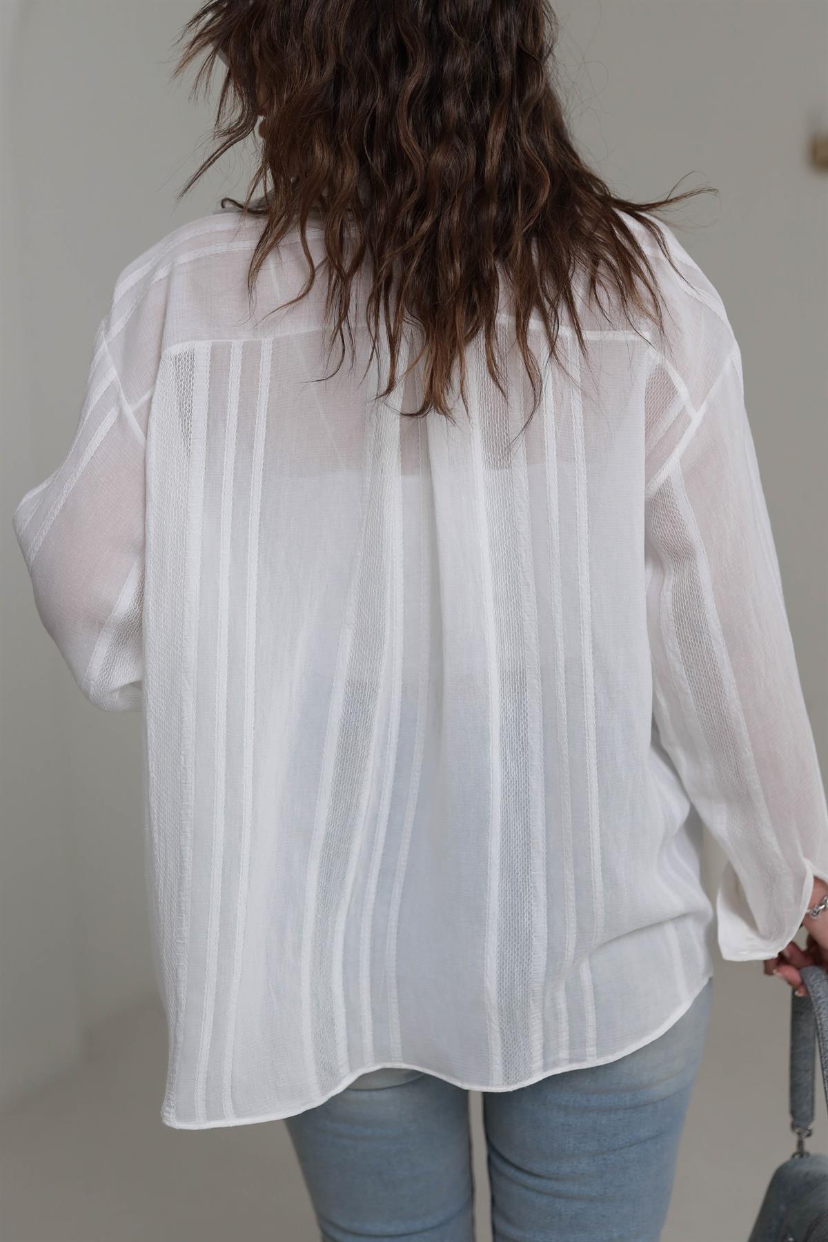4914 Transparan Detaylı Oversize Gömlek BEYAZ