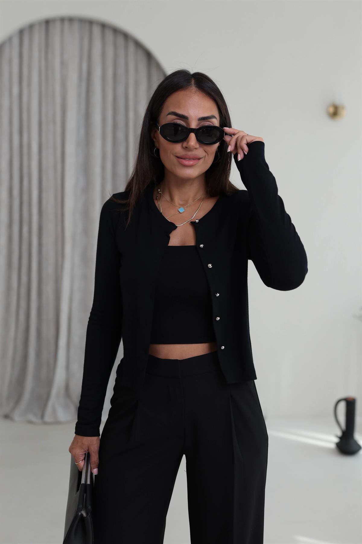 2122 Düğme Detaylı İnce Hırka SİYAH