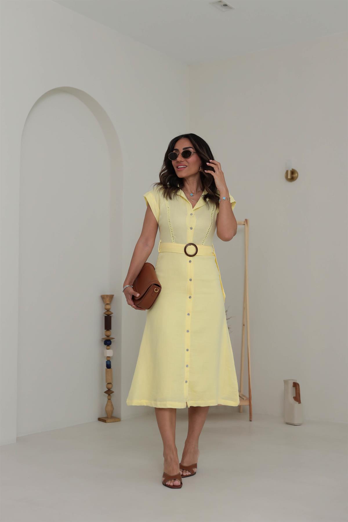 7008 Dantelli Müslin Gömlek Elbise SARI