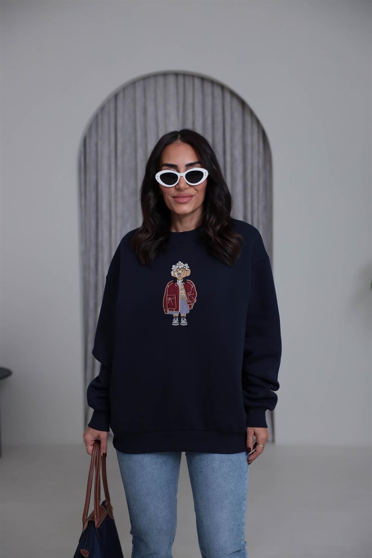 6910 Taşlı Aplikeli Şardonlu Sweatshirt LACİVERT