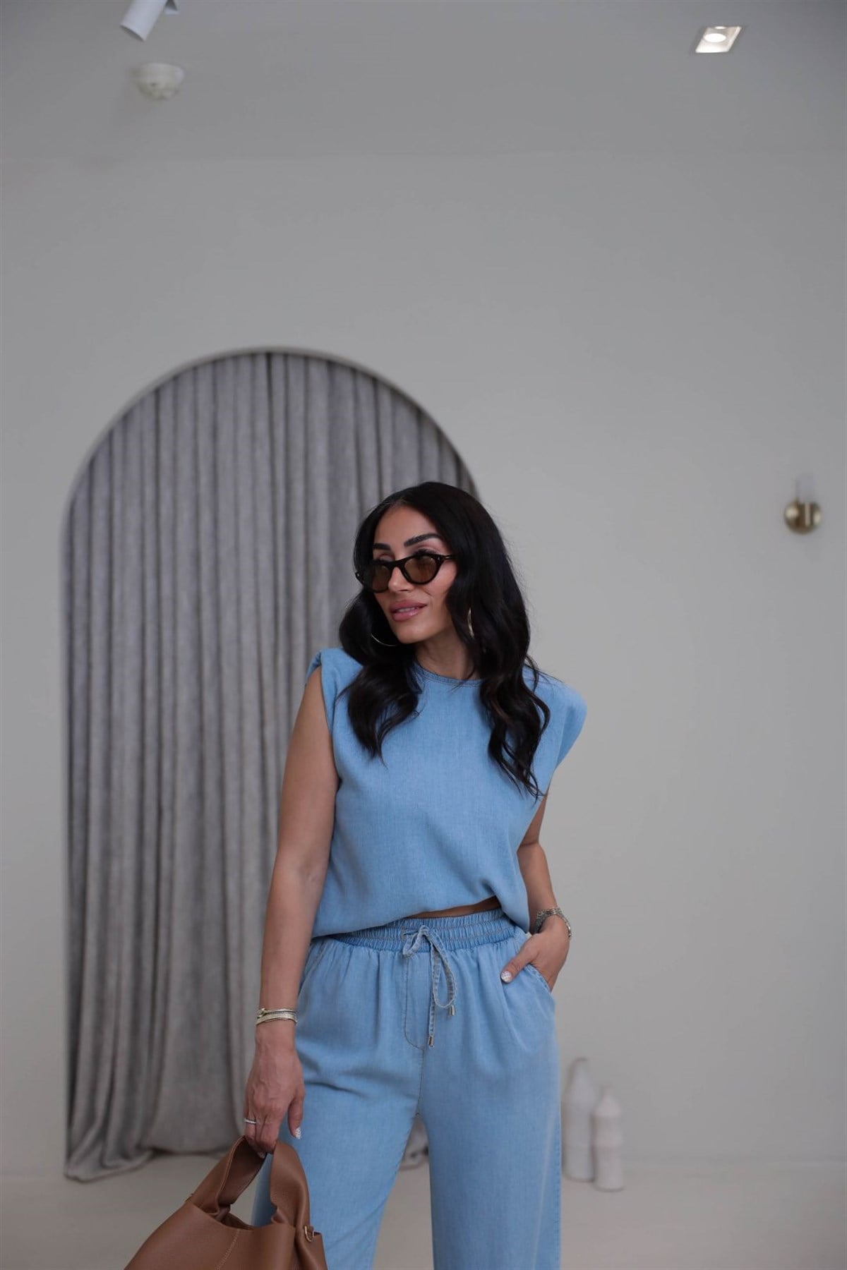 7358 Vatkalı Sıfır Kol Denim Tencel Kumaş Takım BUZ MAVİ