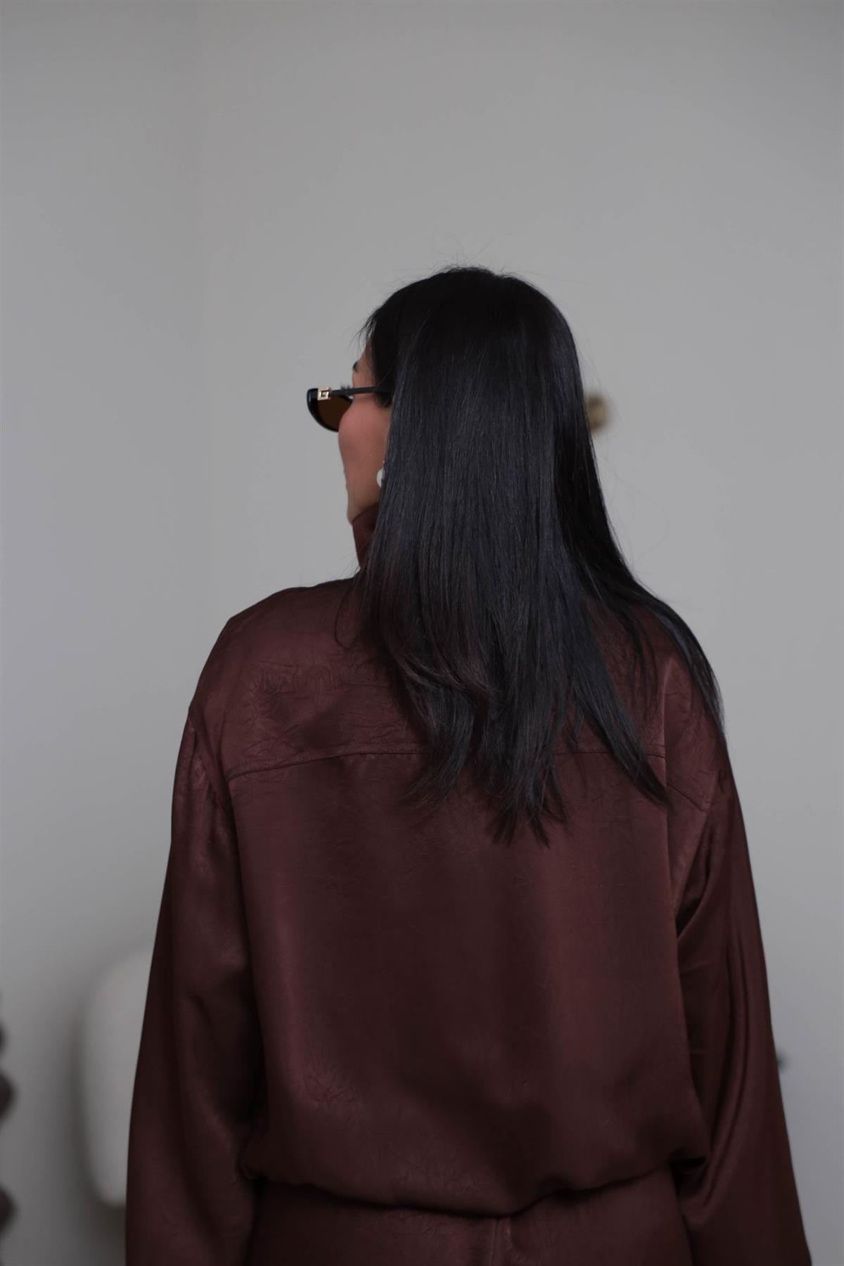 6800 Önden Fermuarlı Bomber Saten Takım KAHVE