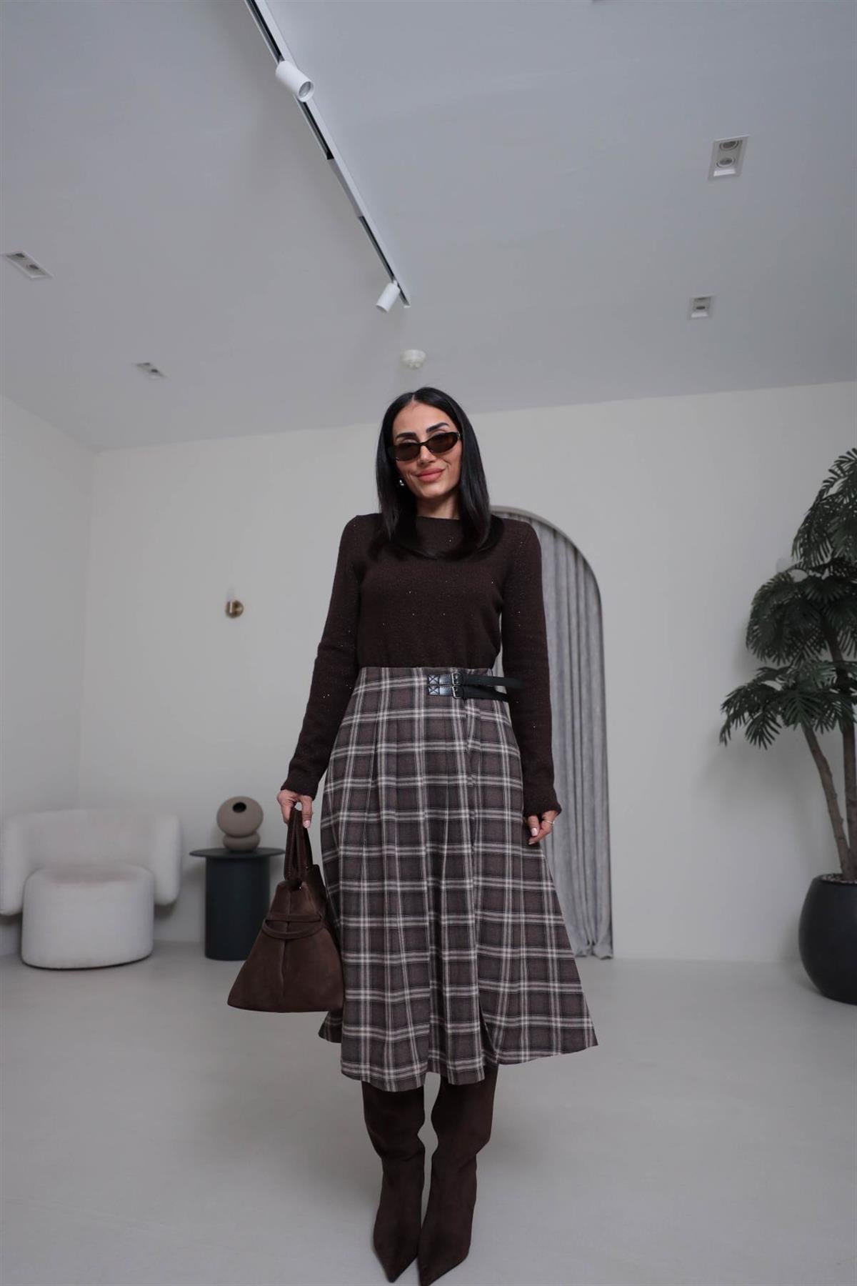 4228 Çift Kemer Detaylı Ekose Etek KAHVE