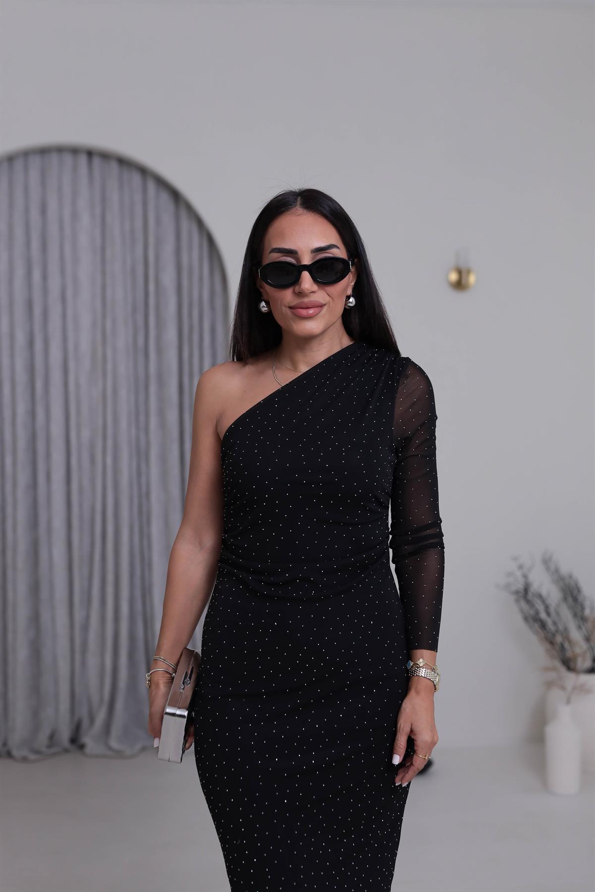 3722 Tek Omuz Detaylı Drapeli Taşlı Tül Elbise SİYAH