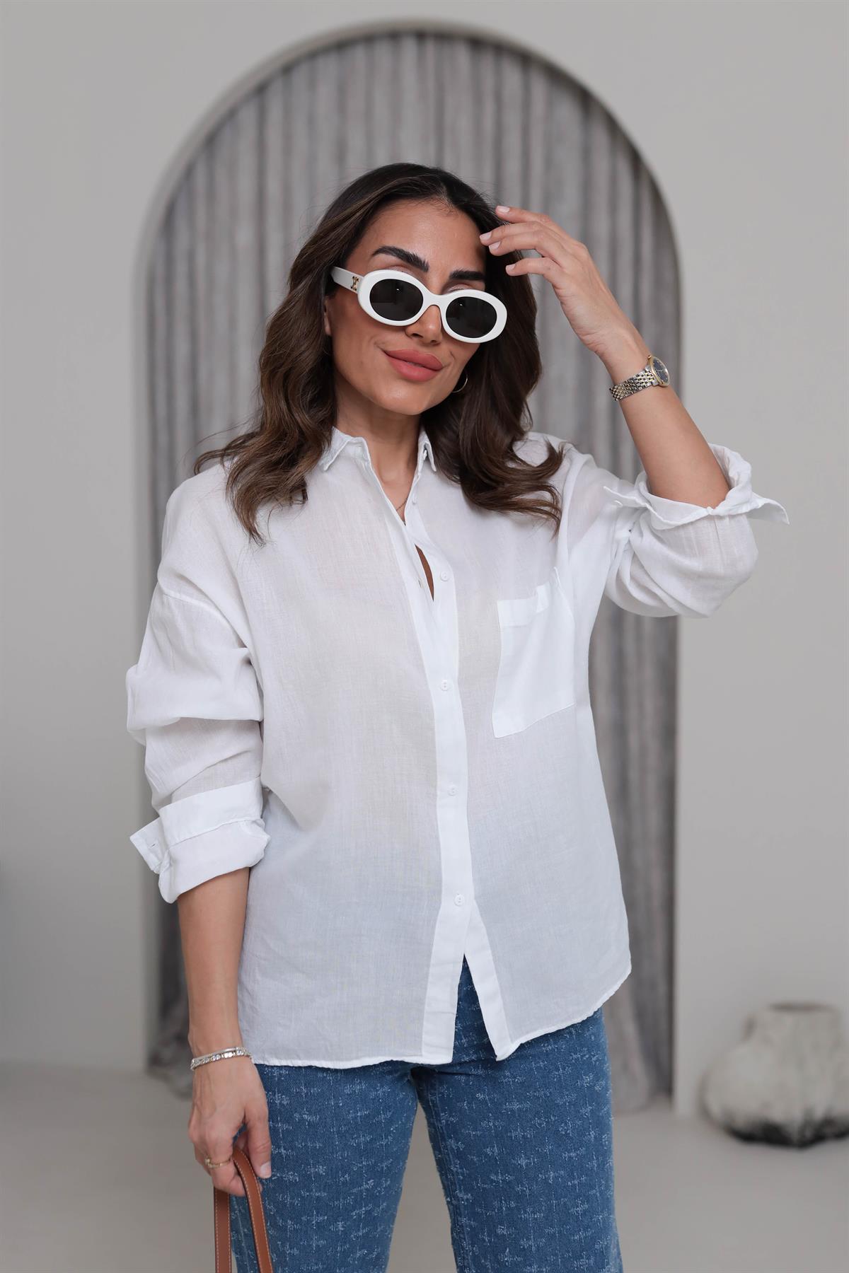 4294 Cep Detaylı Pamuklu Dokulu Gömlek BEYAZ