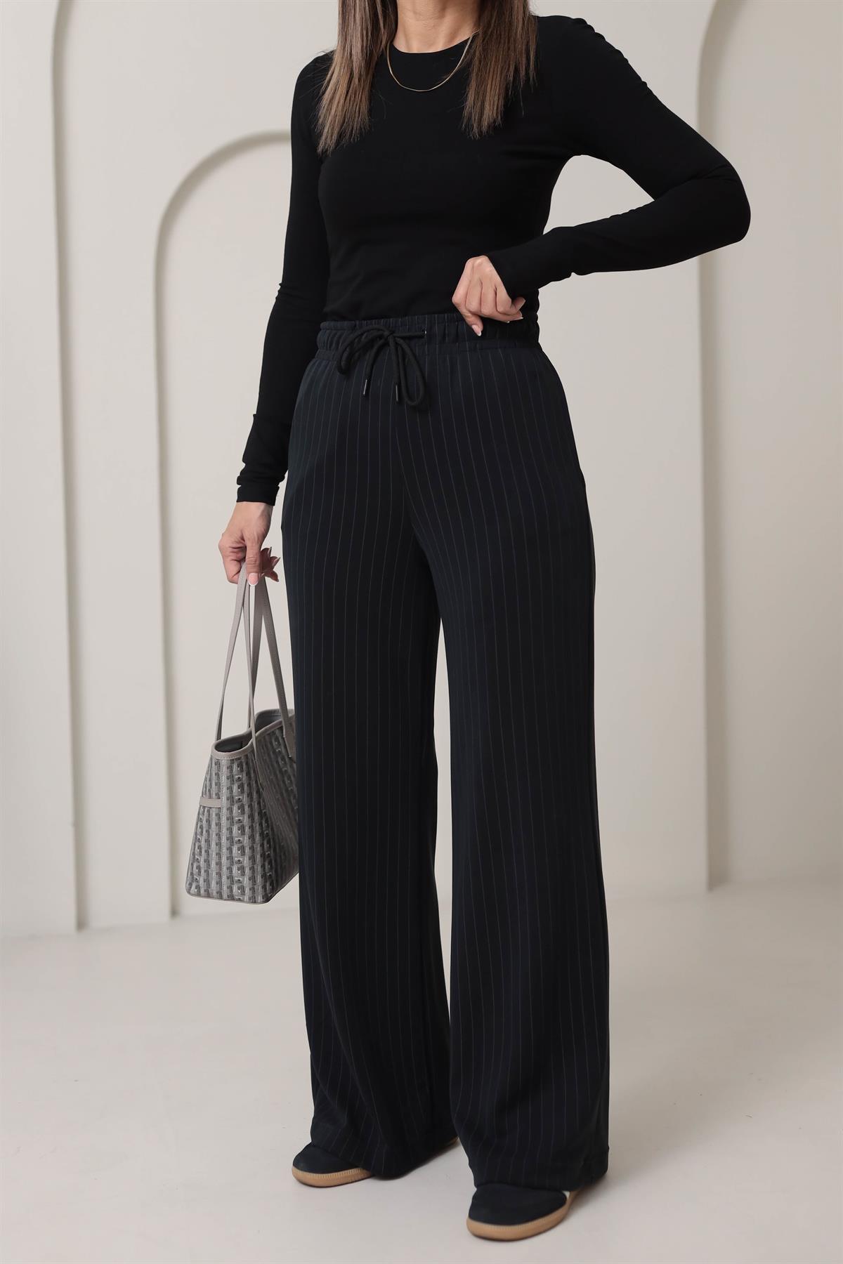 1146 Çizgili Modal Palazzo Pantolon SİYAH